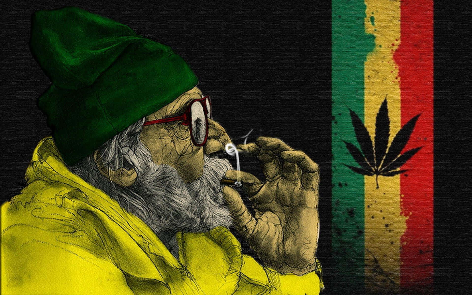迷幻 桌布 壁紙 — 一位留鬍鬚的長者戴著綠色冷帽，在拉斯特法里旗幟背景下吸食大麻煙。