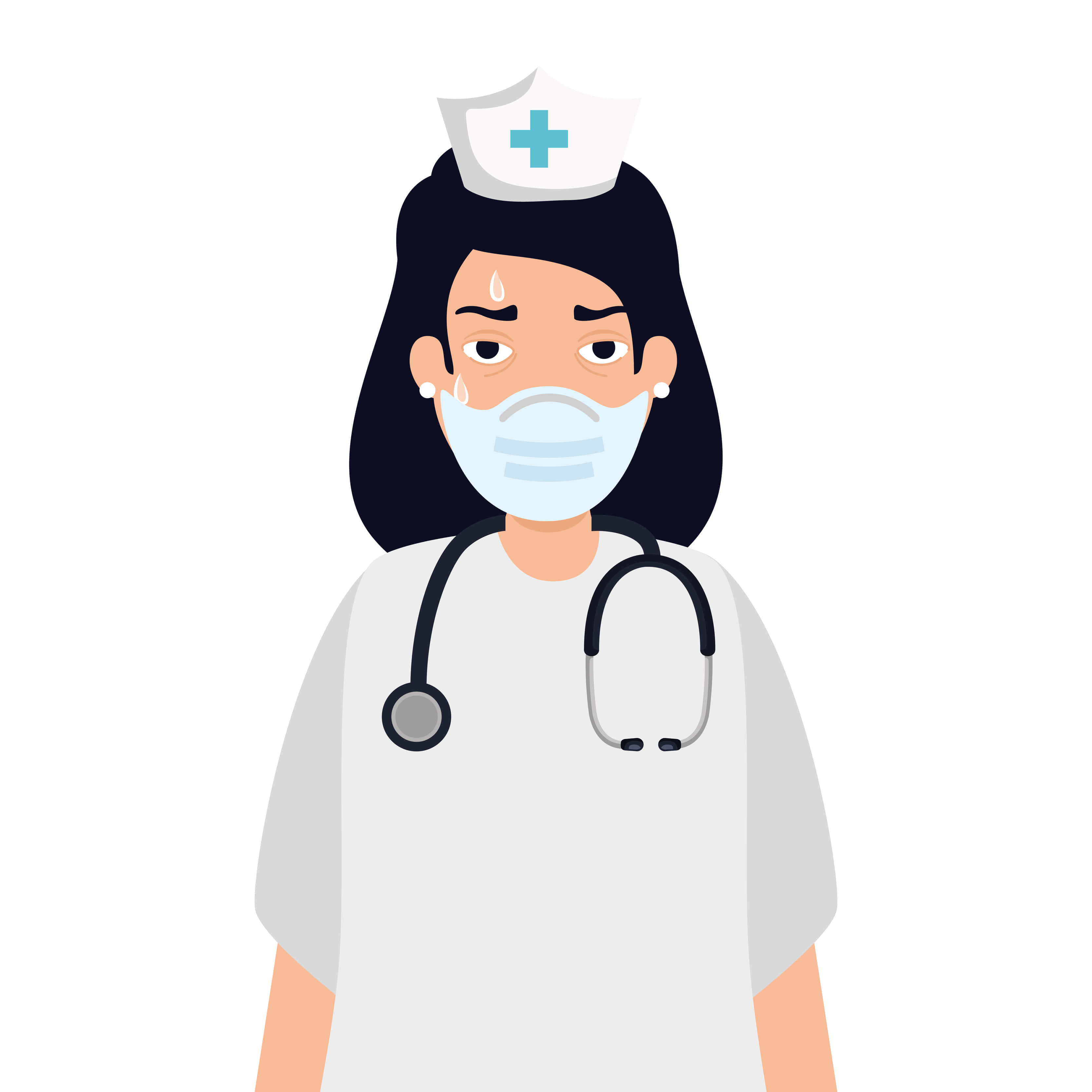 Nursing 桌布 壁紙 — 一位疲憊的護士，身穿白色制服和口罩，脖子上掛著聽診器，額頭上有汗水。