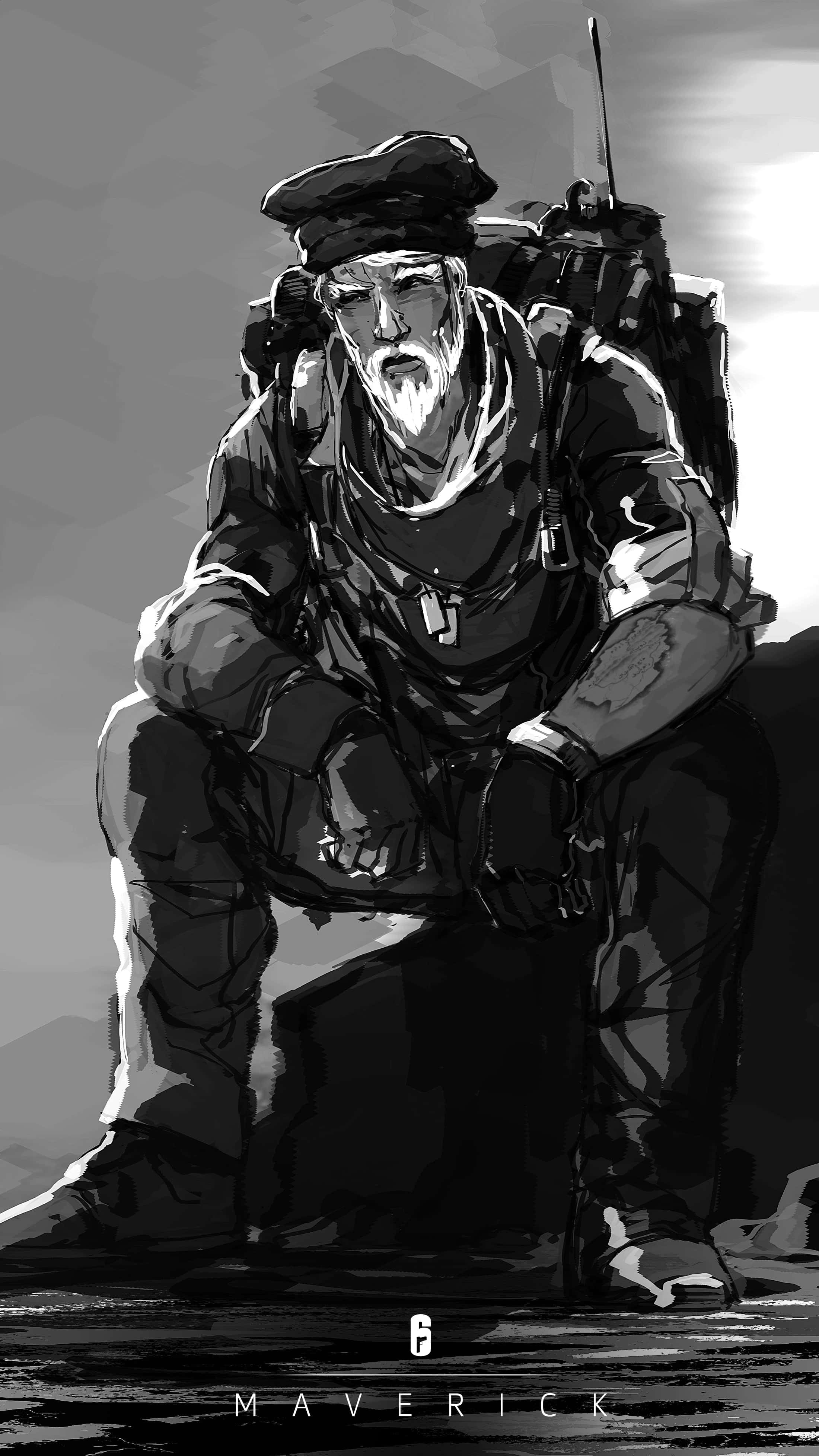 Rainbow Six Siege Maverick 桌布 壁紙 — 一位疲憊的退伍軍人，留著白鬍子，穿著軍裝，在單色調中蜷縮坐在岩石上，臉上刻滿了疲憊和決心。