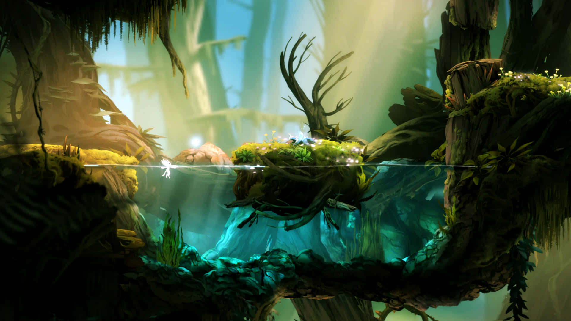3d Forest 桌布 壁紙 — 一位發光嘅妖精滑翔過一條寧靜、長滿苔蘚嘅森林溪流，陽光穿過古老樹木灑落。