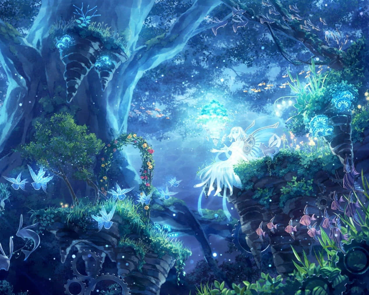Enchantment 桌布 壁紙 — 一位發光的仙子，擁有半透明的翅膀，漂浮在神秘森林中，森林裡有藍色發光的樹木和發光的植物，背景是星光燦爛的黃昏天空。