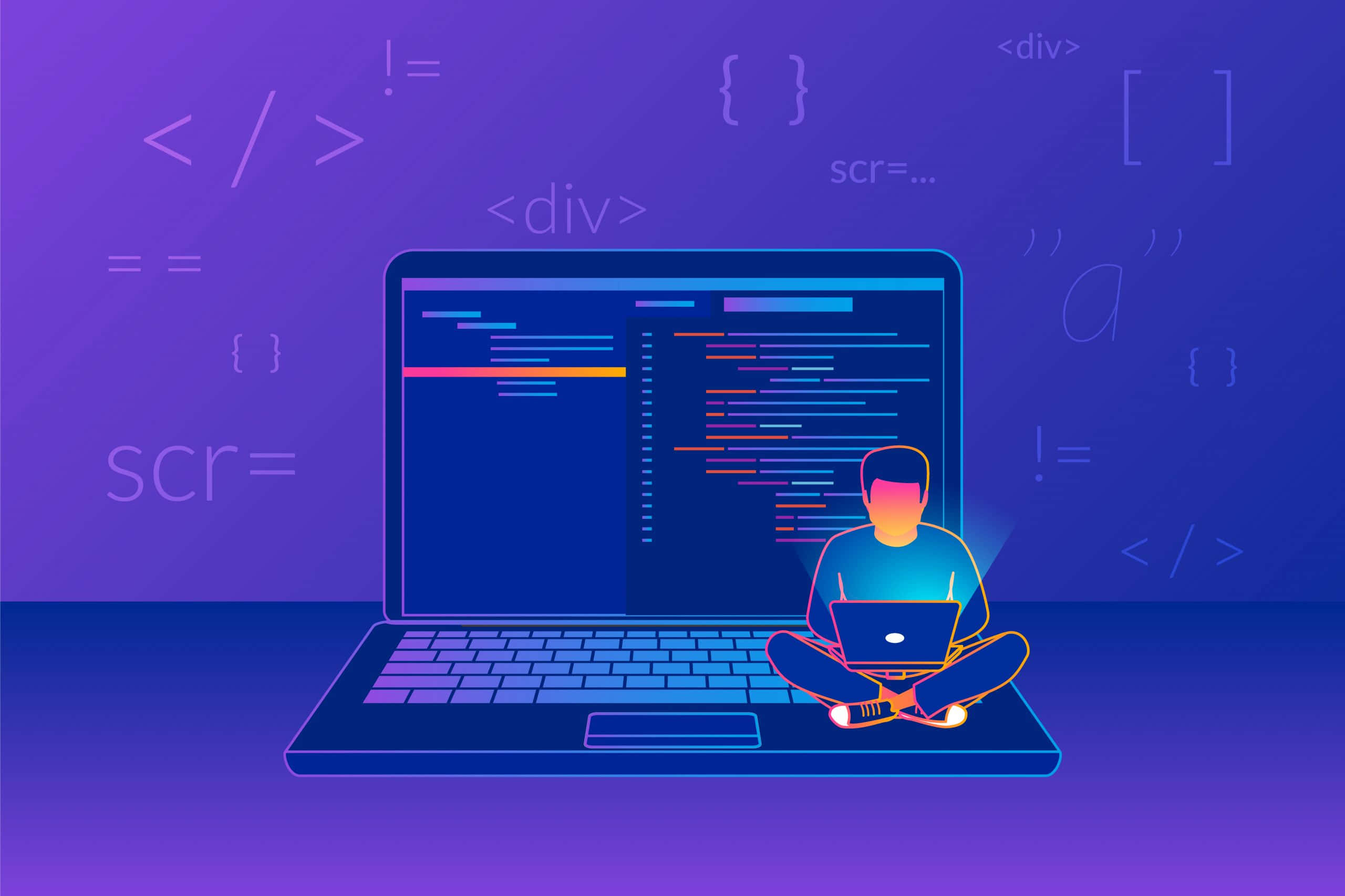 Engineer 桌布 壁紙 — 一位發光的數碼藝術家在充滿活力的紫色漸變中，盤腿坐在筆記型電腦上冥想，周圍環繞著漂浮的編碼符號。