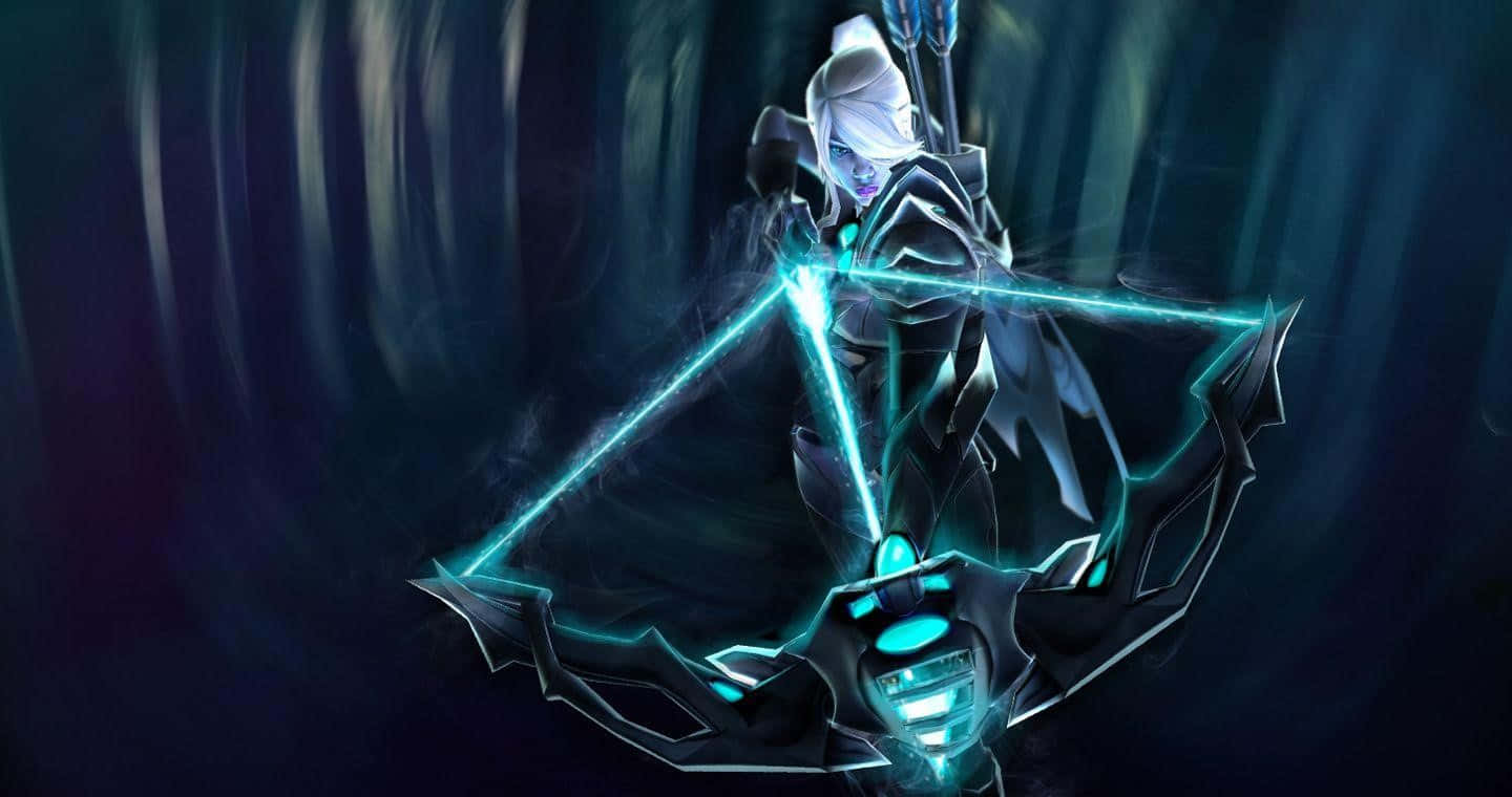 Drow Ranger 桌布 壁紙 — 一位發著藍光的白髮盔甲弓箭手在黑暗森林中拉開一把未來風格的弓。