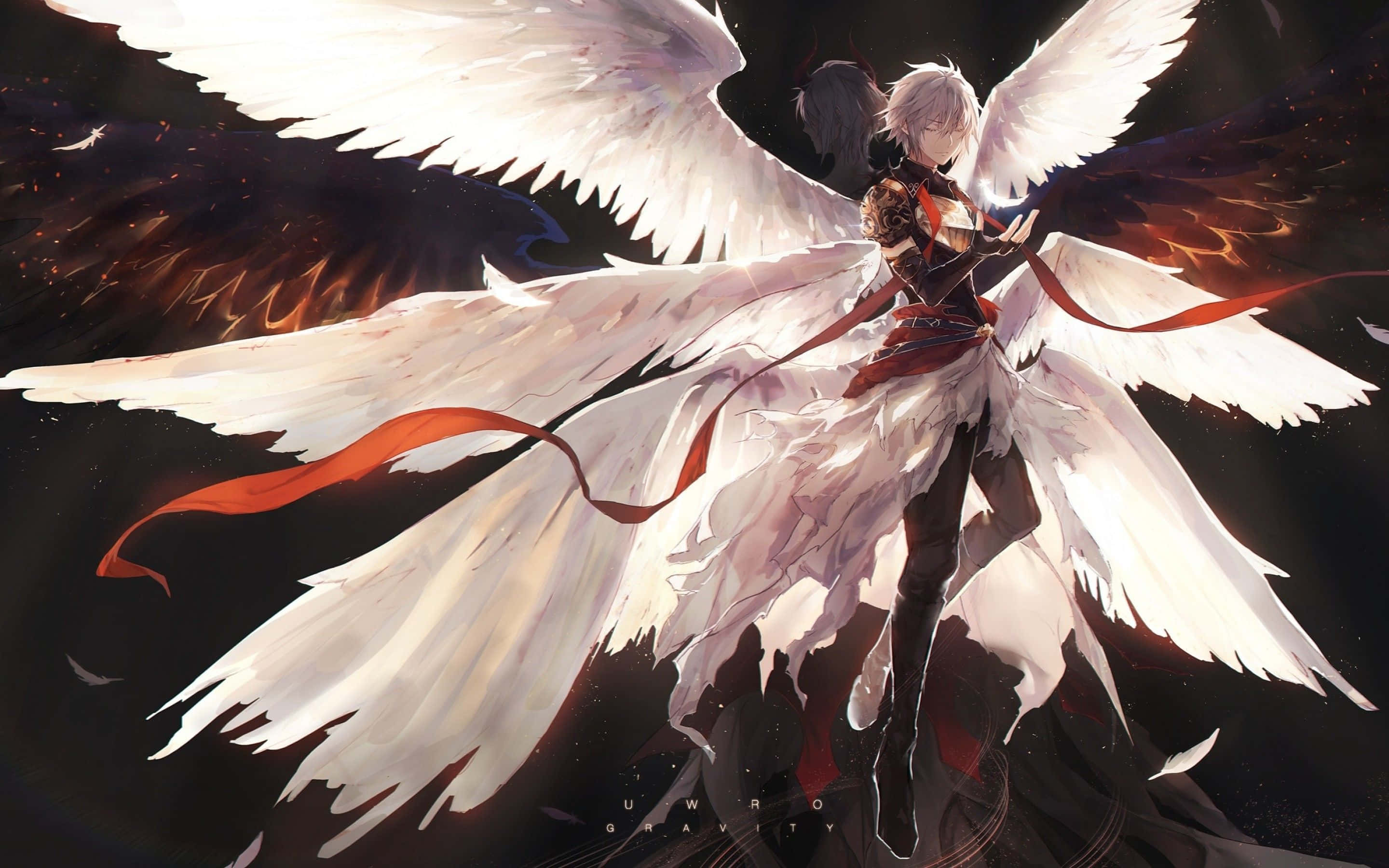 Lucifer Wings 桌布 壁紙 — 一位白翼動漫天使，繫著紅色絲帶，身穿暗色盔甲，站在帶有火焰翅膀的宇宙背景前。