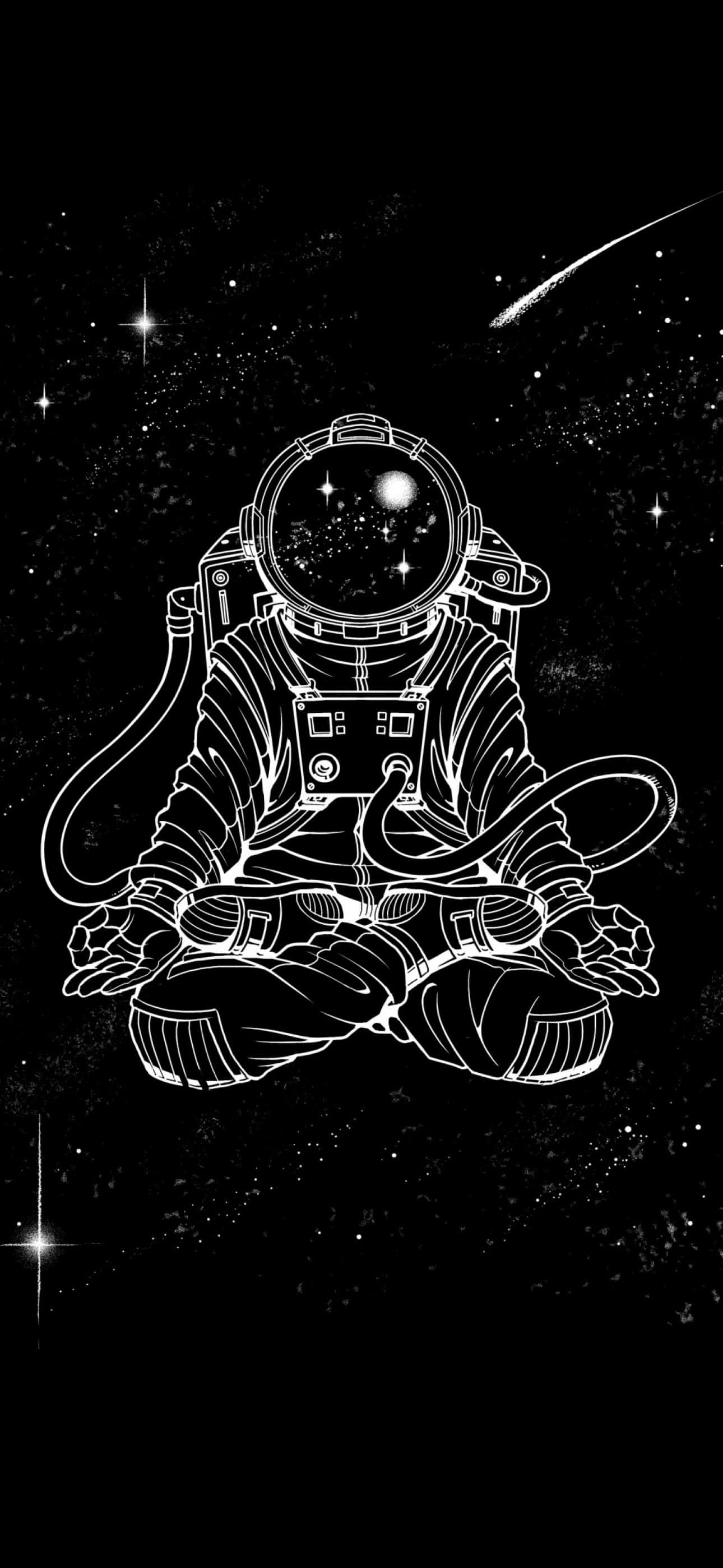 Black Art 桌布 壁紙 — 一位白色線條藝術太空人在太空盤腿冥想，背景是黑色虛空，有星星和一顆彗星劃過。