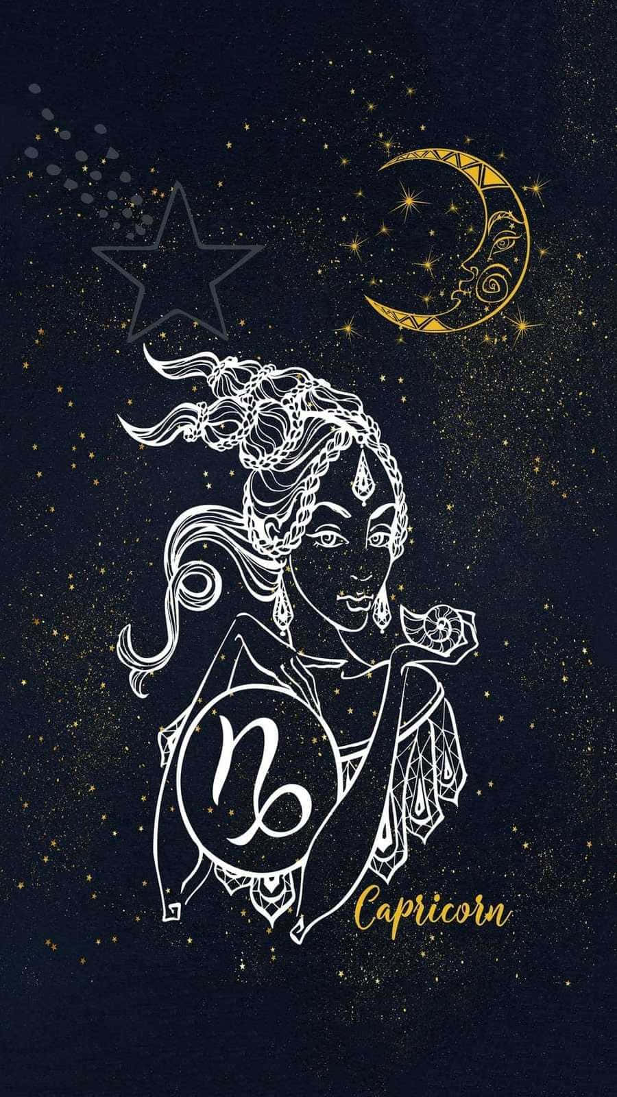 山羊座 桌布 壁紙 — 一位白色線條藝術的摩羯座女神，飄逸的頭髮，在繁星點點的夜空下，手持她的象徵符號，伴隨著金色的新月和星星。