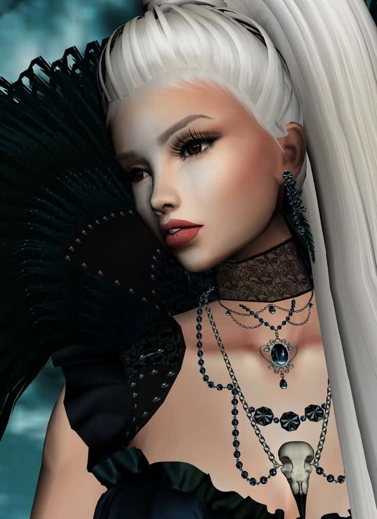 imvu 桌布 壁紙 — 一位白髮、佩戴哥德式珠寶的女性，在青綠色背景前手持黑色羽毛扇的數碼肖像。