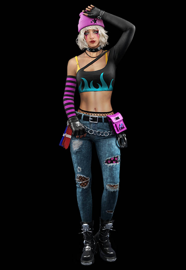 Free Fire Dasha PNG 壁紙 — 一位白髮、妝容大膽的龐克搖滾歌手，穿著破洞牛仔褲和火焰印花短版上衣，在黑色背景前擺姿勢。