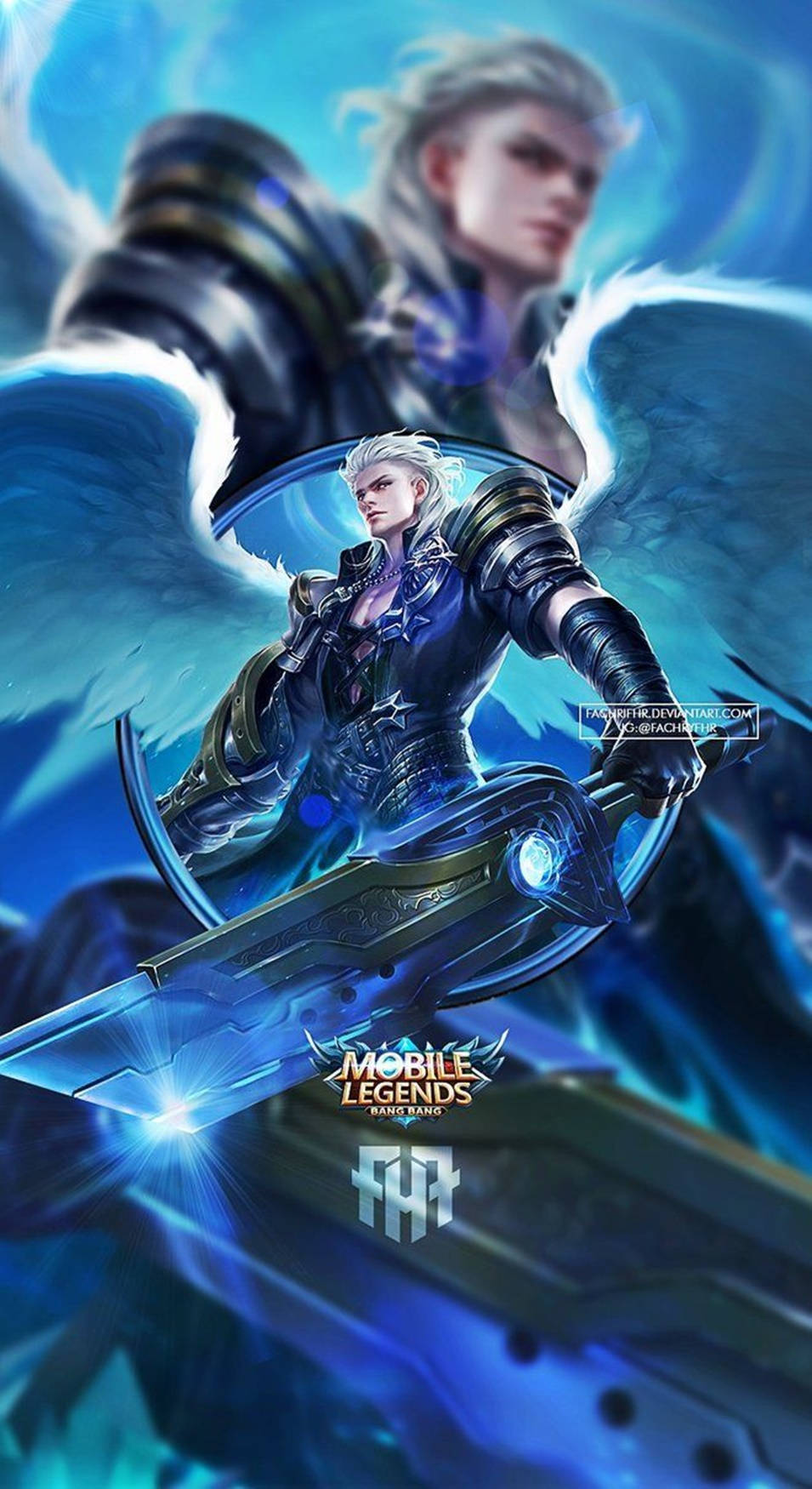 Mobile Legends 桌布 壁紙 — 一位白髮、擁有發光藍色翅膀的奇幻戰士，在旋轉的藍色能量背景下揮舞著一把未來風格的劍。