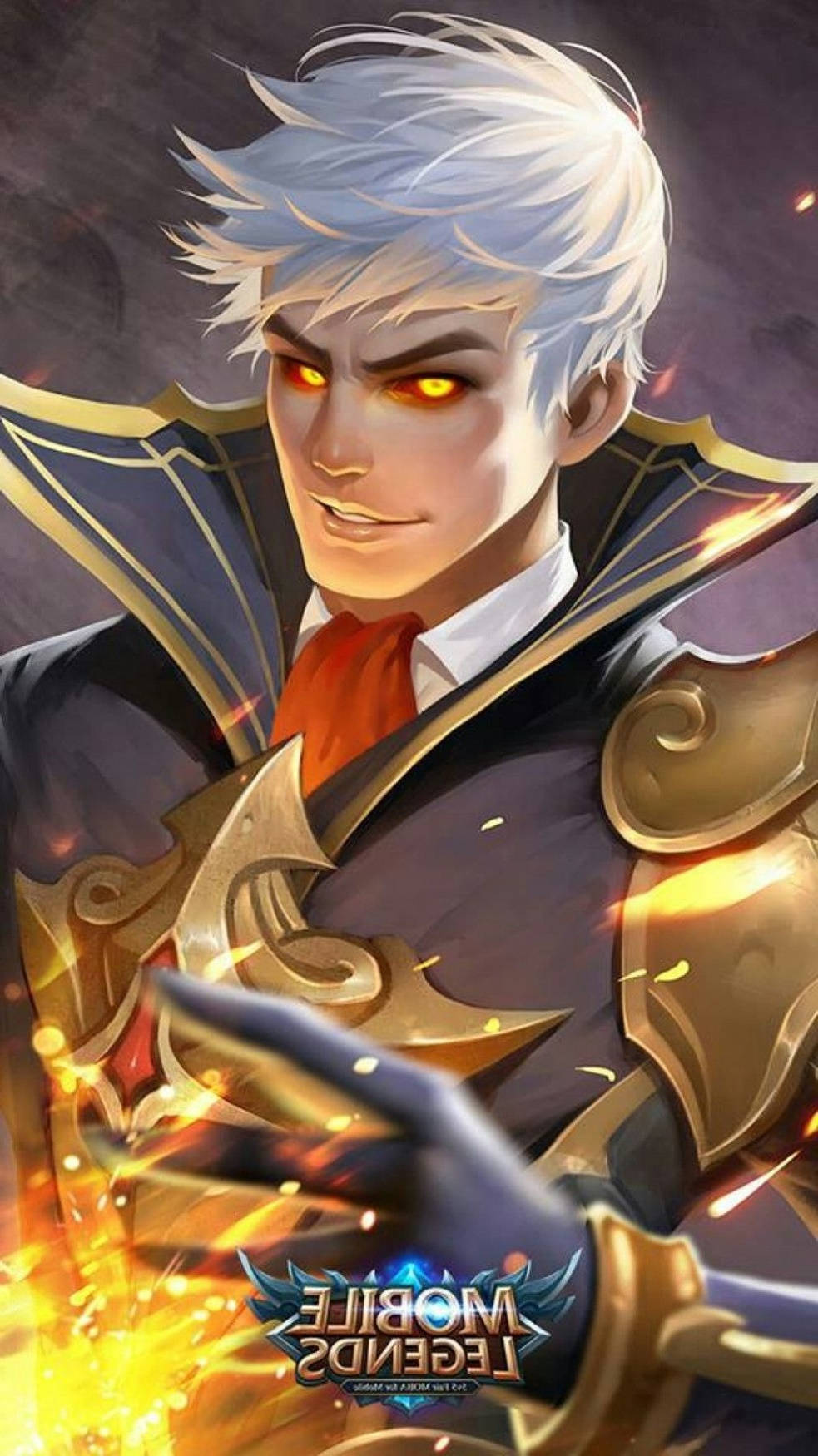 Mobile Legends 桌布 壁紙 — 一位白髮、橙色發光眼睛的兇猛動漫戰士，穿著華麗盔甲，引導火焰魔法。