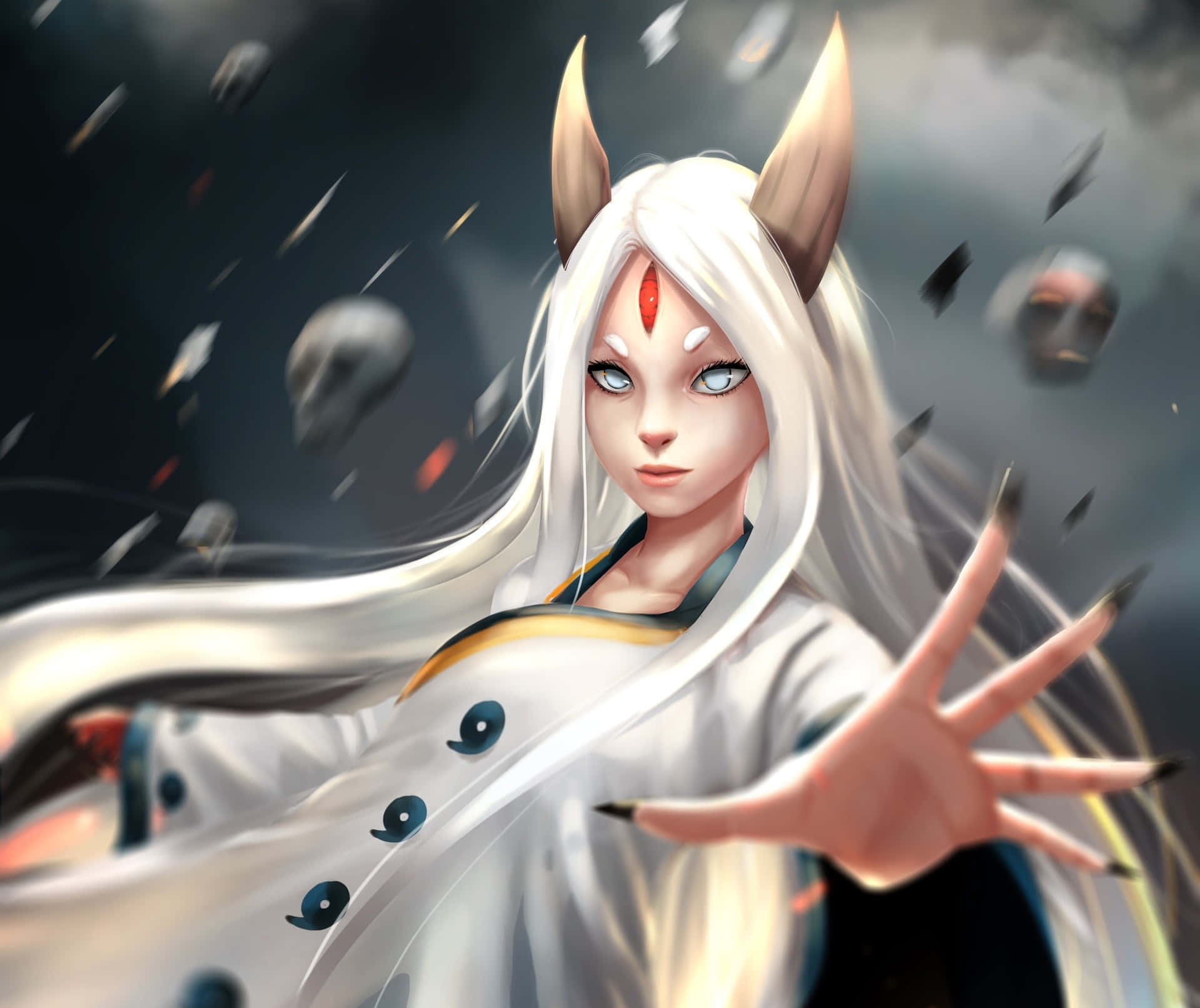 Kaguya Otsutsuki 桌布 壁紙 — 一位白髮動漫女孩，擁有狐狸耳朵和紅色額頭標記，伸出手，漂浮的頭骨在黑暗暴風雨的背景中圍繞她旋轉。