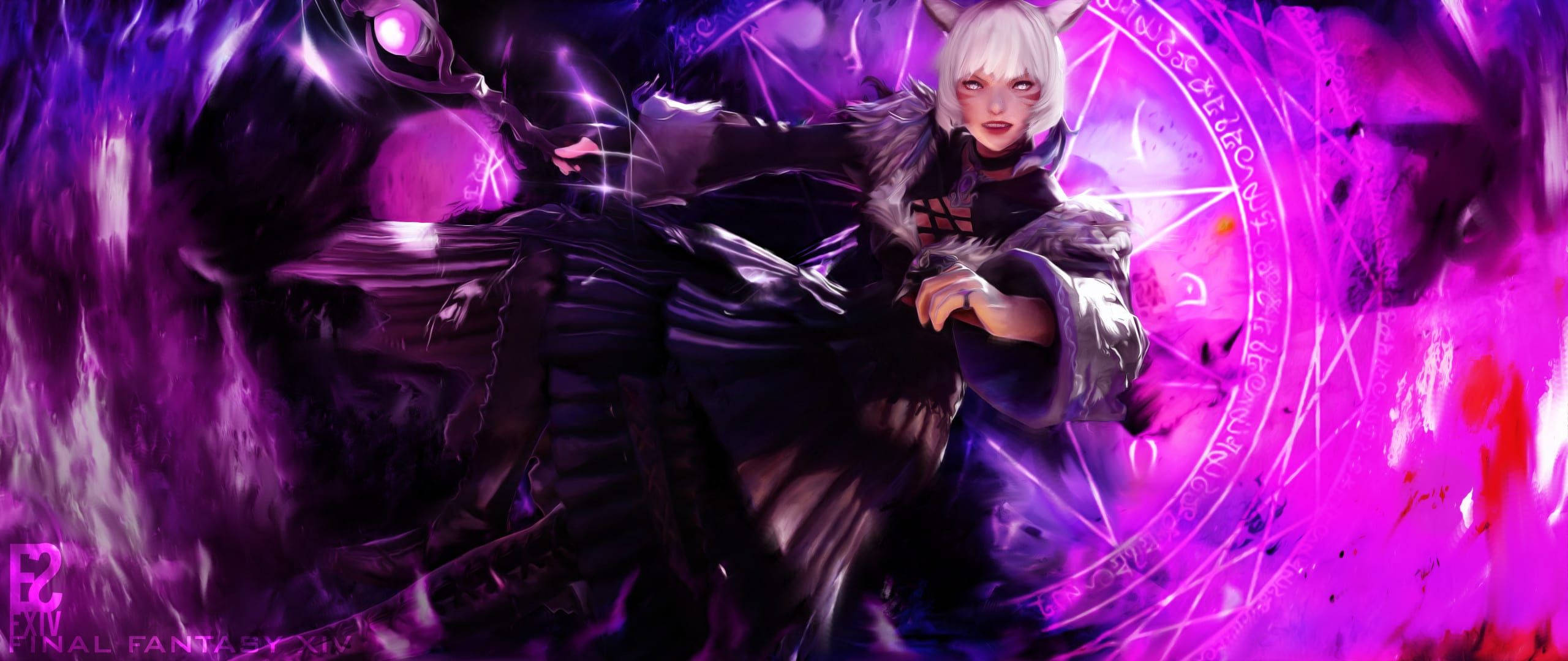 Y'shtola Rhul FF14 壁紙 — 一位白髮動漫女巫穿著深色長袍，在神秘的五角星內施展發光的紫色咒語。