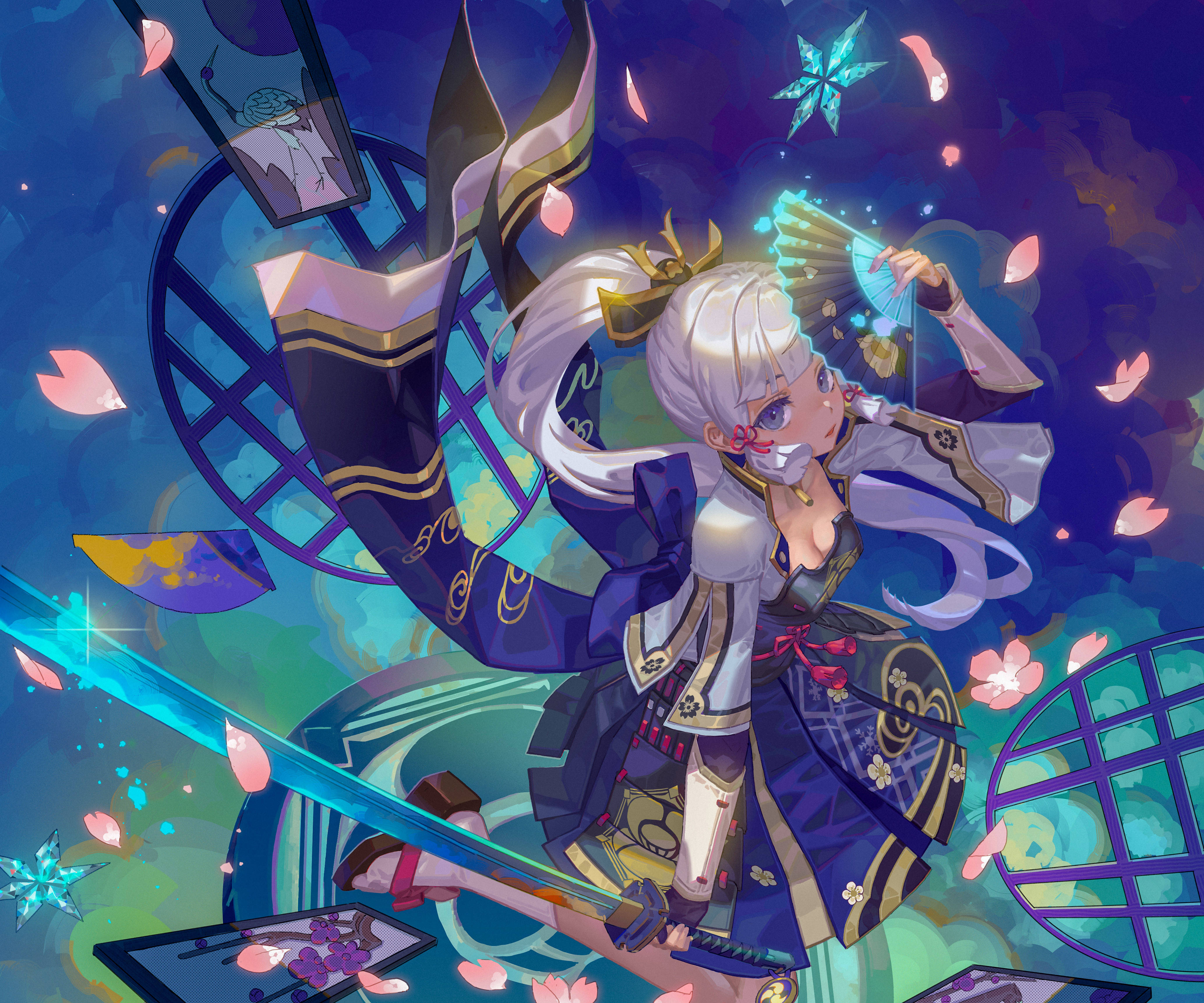 遊戲 桌布 壁紙 — 一位白髮動漫少女穿著華麗的藍色和金色服裝，在飄浮的櫻花和星形水晶中揮舞著發光的劍。