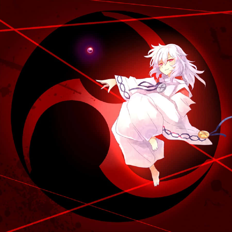Hakudoshi 桌布 壁紙 — 一位白髮動漫少女身穿飄逸白袍，在紅黑螺旋背景中動態漂浮，帶有發光的紅線。