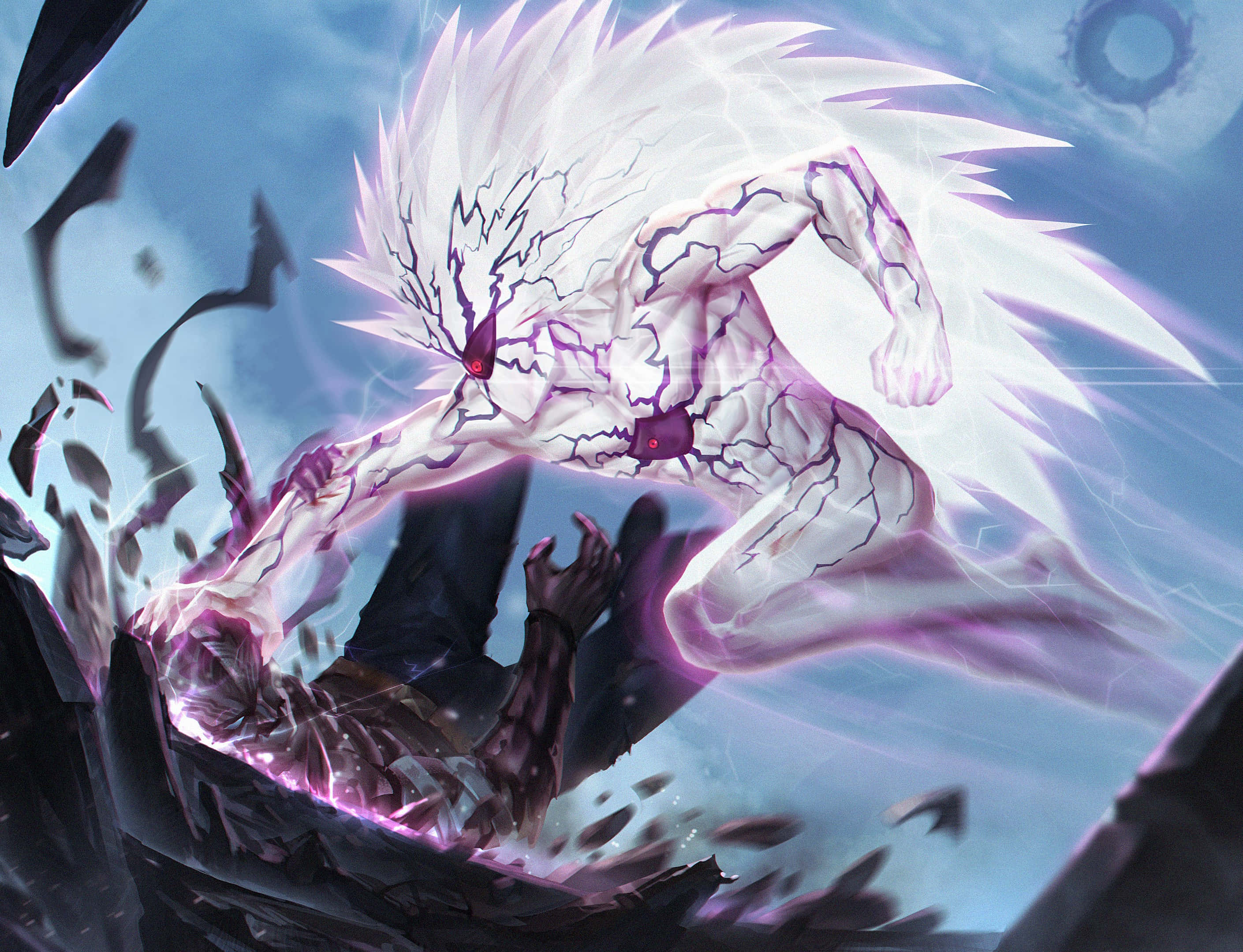 Lord Boros 桌布 壁紙 — 一位白髮動漫戰士，擁有發光的紅色眼睛和紫色劈啪作響的能量，穿過破碎的岩石，在暴風雨的天空下向前衝刺。
