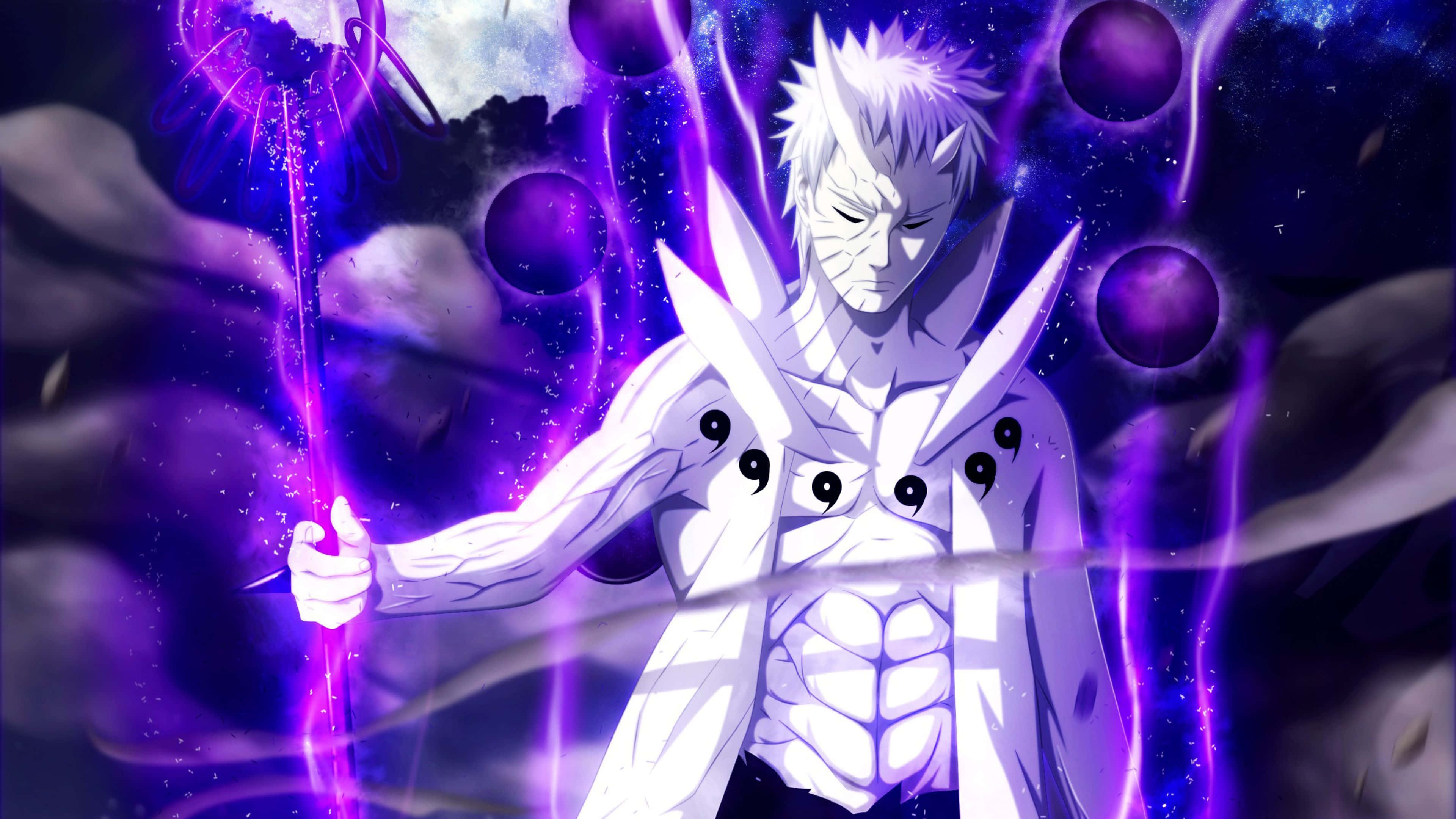 Sage Of Six Paths 桌布 壁紙 — 一位白髮動漫戰士在宇宙風暴中引導紫色查克拉，伴隨著發光球體和閃電。