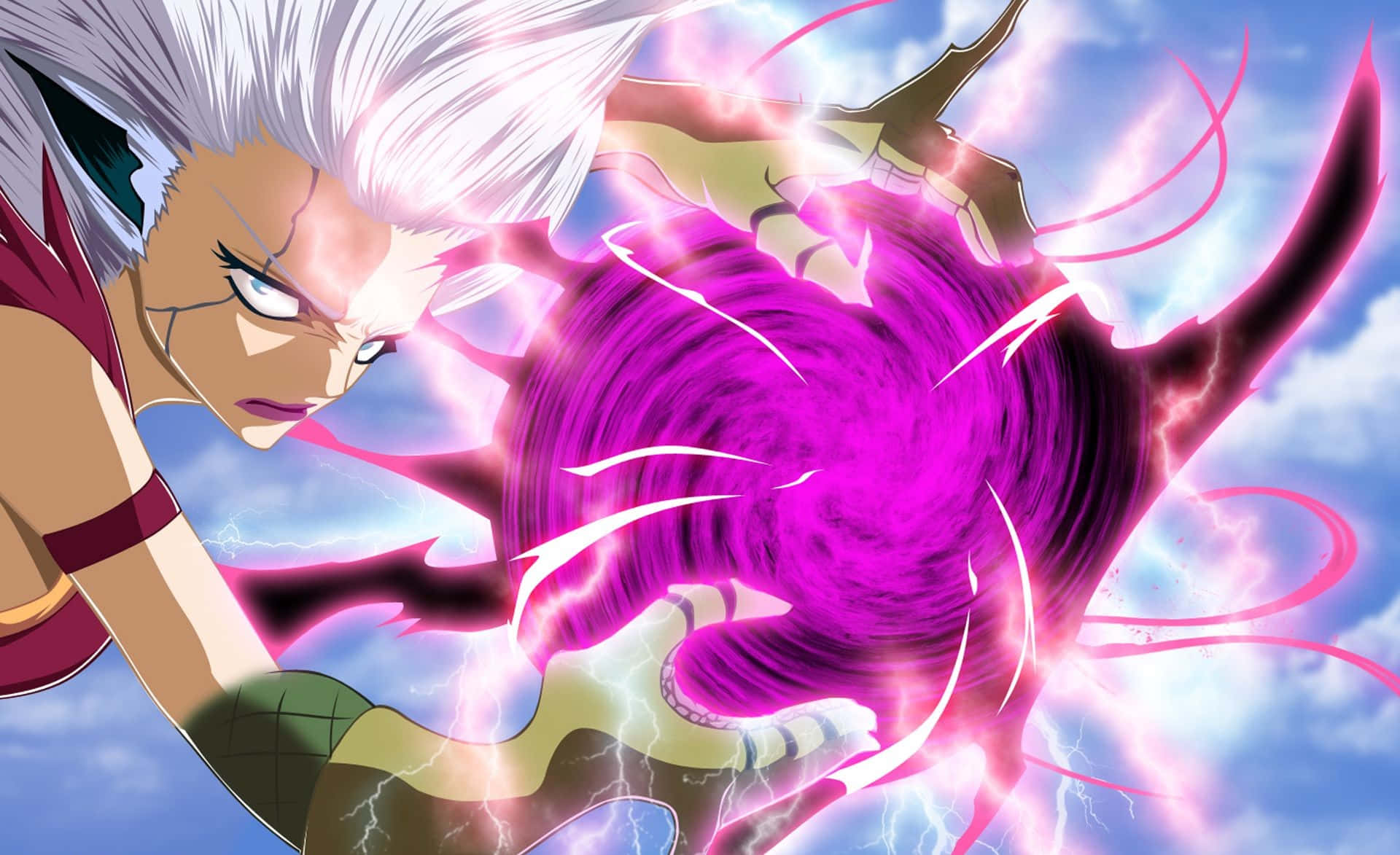 Mirajane Strauss 桌布 壁紙 — 一位白髮動漫戰士在暴風雨的天空中引導一股旋轉的紫色能量爆炸。