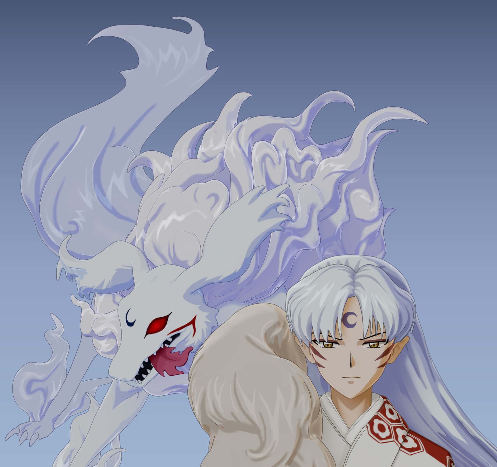 Inuyasha Yokai 桌布 壁紙 — 一位白髮動漫戰士站在一隻擁有紅色眼睛和飄逸薰衣草色毛髮的幽靈九尾狐旁邊，背景是漸變藍色。