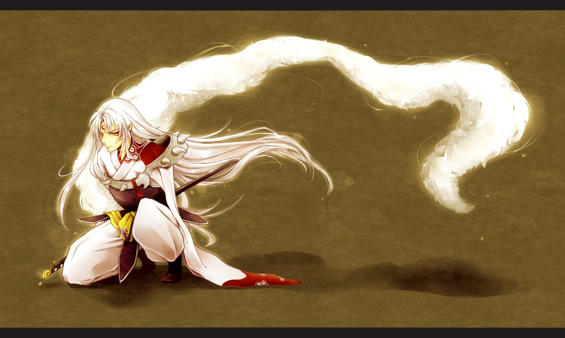 Sesshomaru 桌布 壁紙 — 一位白髮動漫戰士跪著，身後有發光的能量軌跡在旋轉，背景是柔和的棕色。