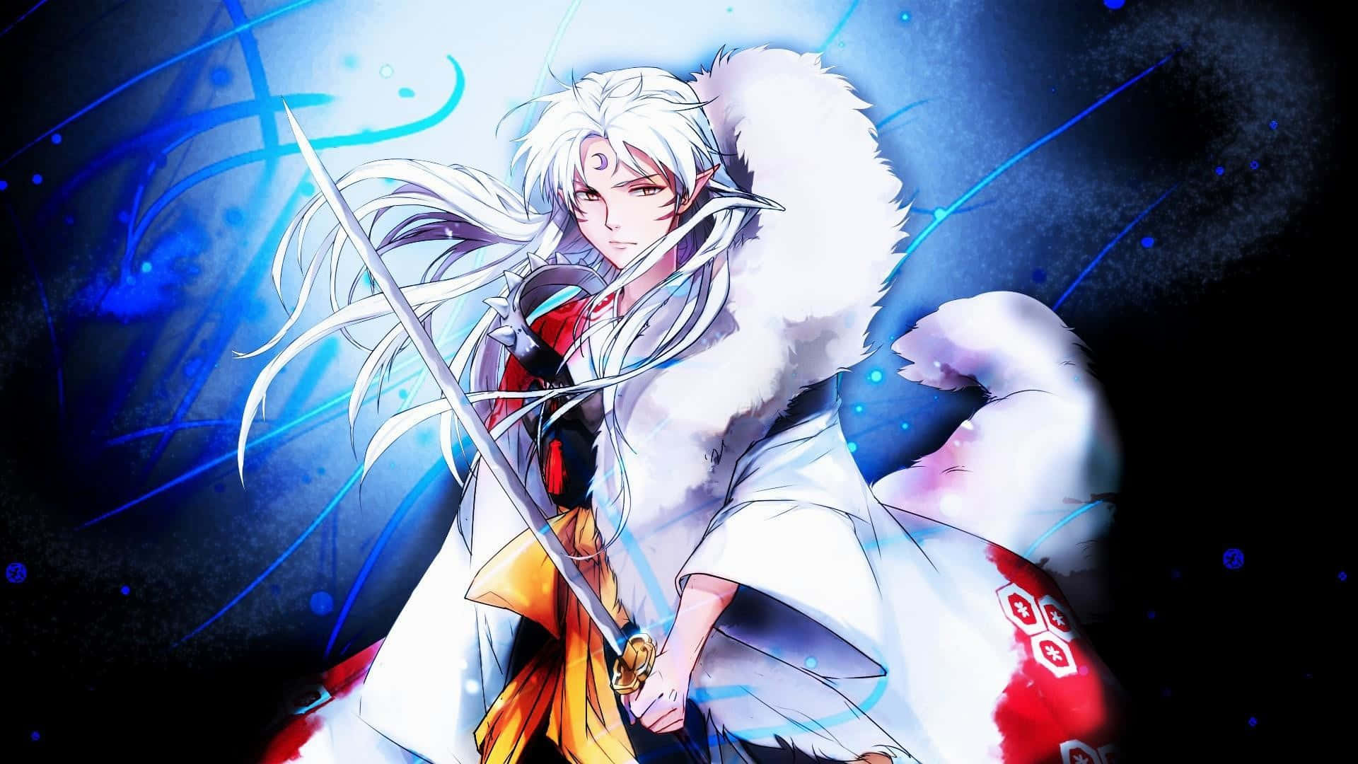 Sesshomaru 桌布 壁紙 — 一位白髮動漫戰士身穿毛皮襯裡長袍，在發光的藍色能量背景下揮舞劍。