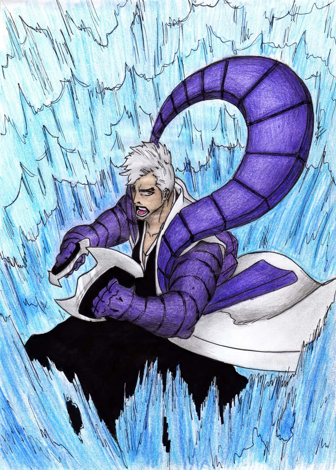 Kensei Muguruma 桌布 壁紙 — 一位白髮動漫戰士身穿紫色鎧甲，在藍色能量和鋸齒狀冰塊的風暴中揮舞著劍。