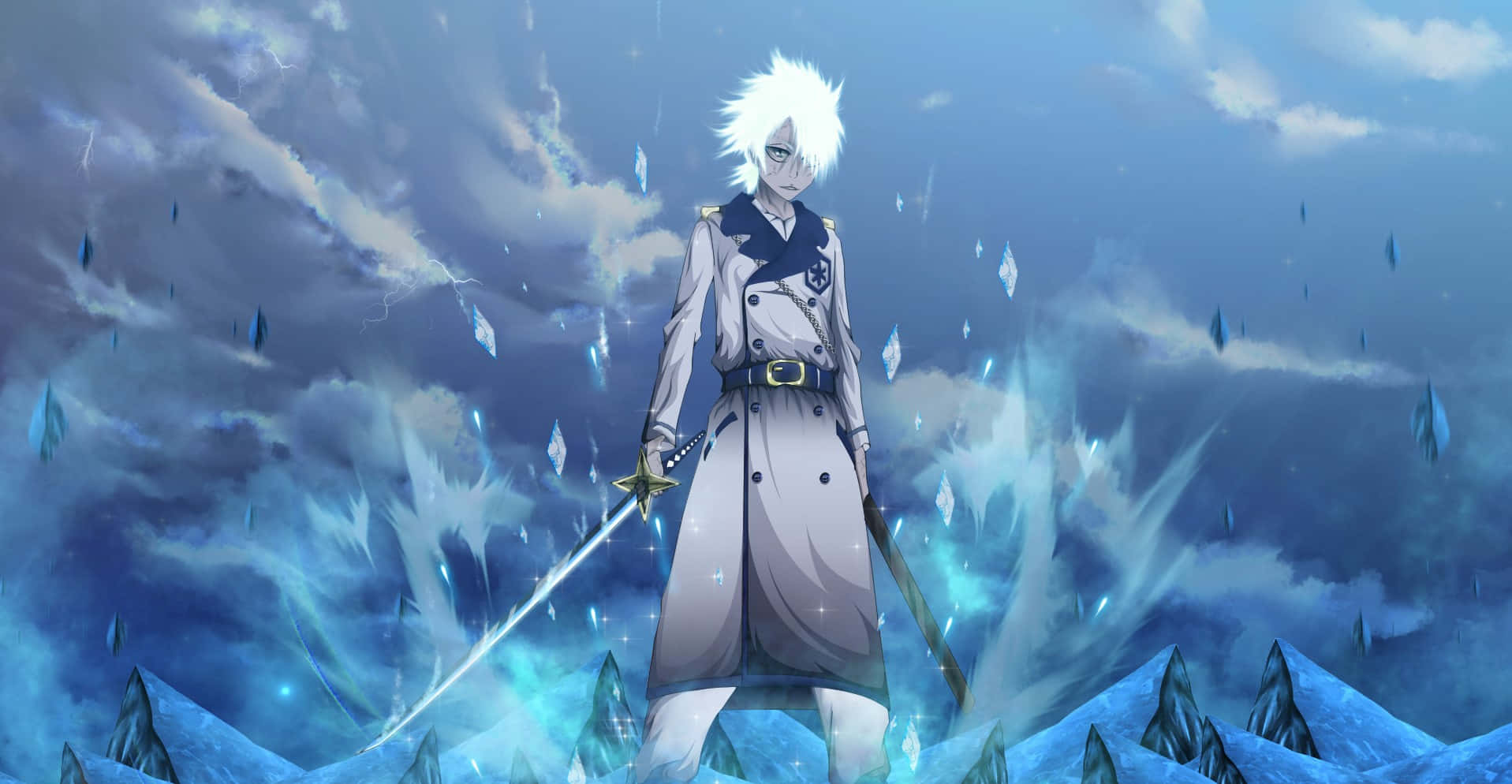 Toshiro Hitsugaya 桌布 壁紙 — 一位白髮動漫戰士身穿風衣，在風暴肆虐的冰雪景觀中揮舞著發光的劍，背景是鋸齒狀的山峰。