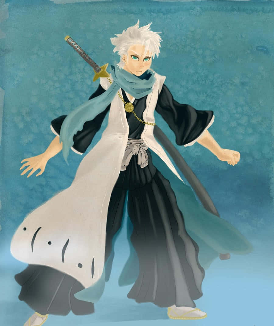 Toshiro Hitsugaya 桌布 壁紙 — 一位白髮動漫戰士身穿黑白長袍，在帶有紋理的青綠色背景前揮舞著劍。