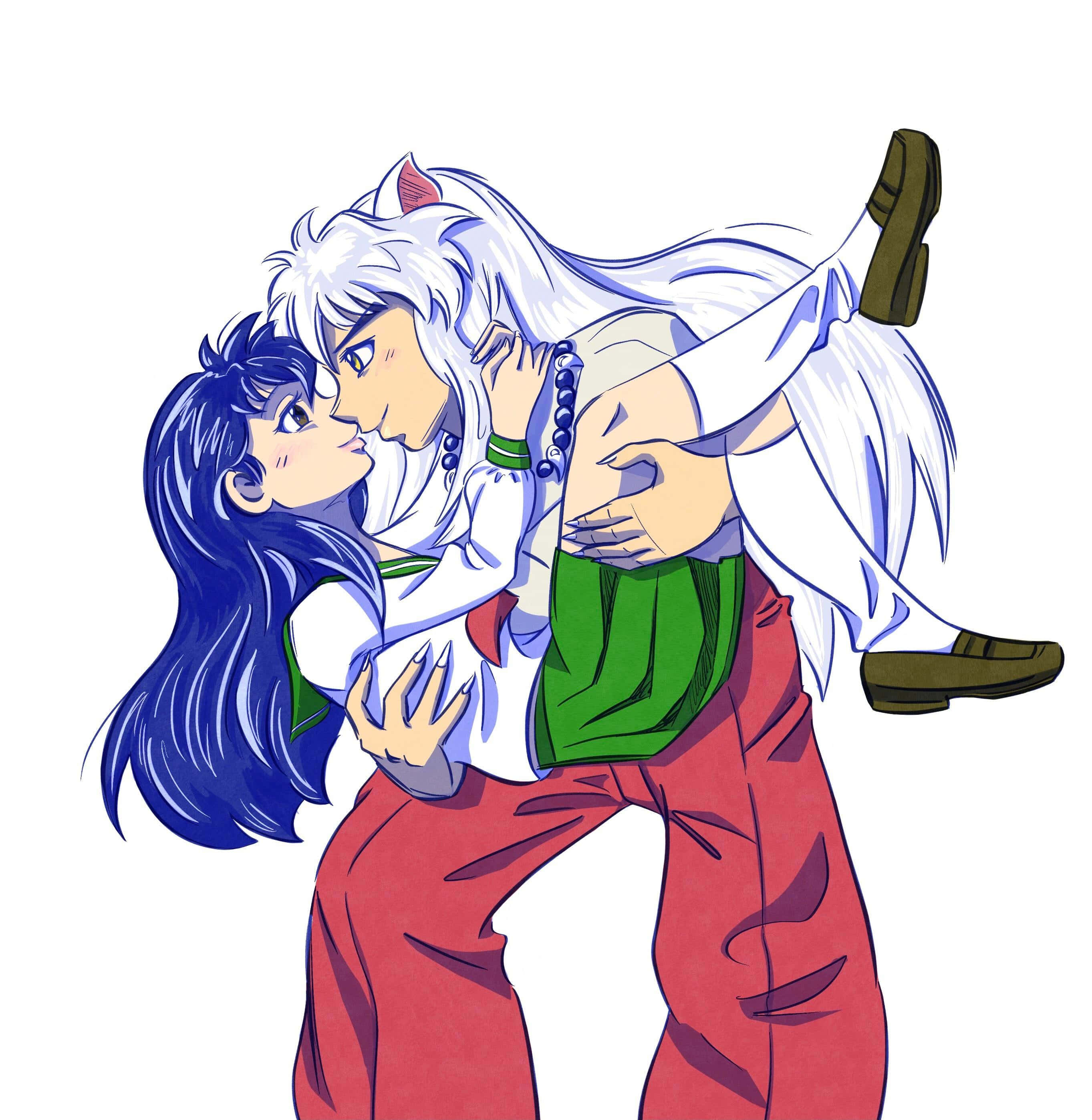 Inuyasha And Kagome 桌布 壁紙 — 一位白髮動漫男性長著狐狸耳朵，在純白背景上溫柔地抱起一位藍髮女性。