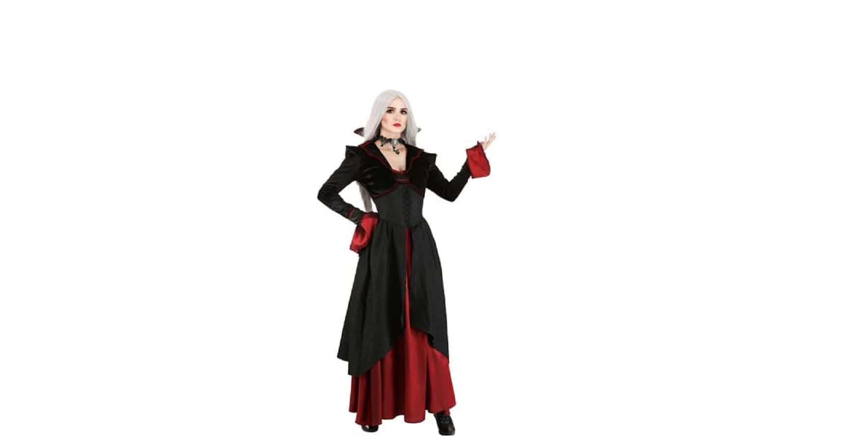 Vampire Costumes 桌布 壁紙 — 一位白髮女性穿著黑紅哥德式長裙，在純白背景前自信擺姿勢。