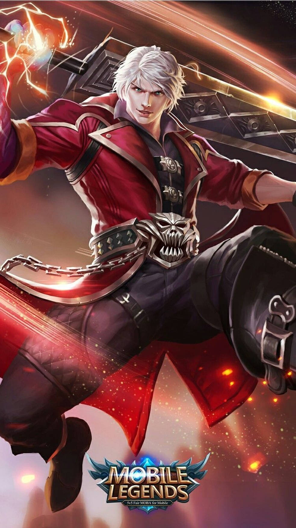 Mobile Legends 桌布 壁紙 — 一位白髮戰士身穿紅色盔甲，手中閃爍著雷電能量，在熾熱的宇宙背景下動態跳躍。