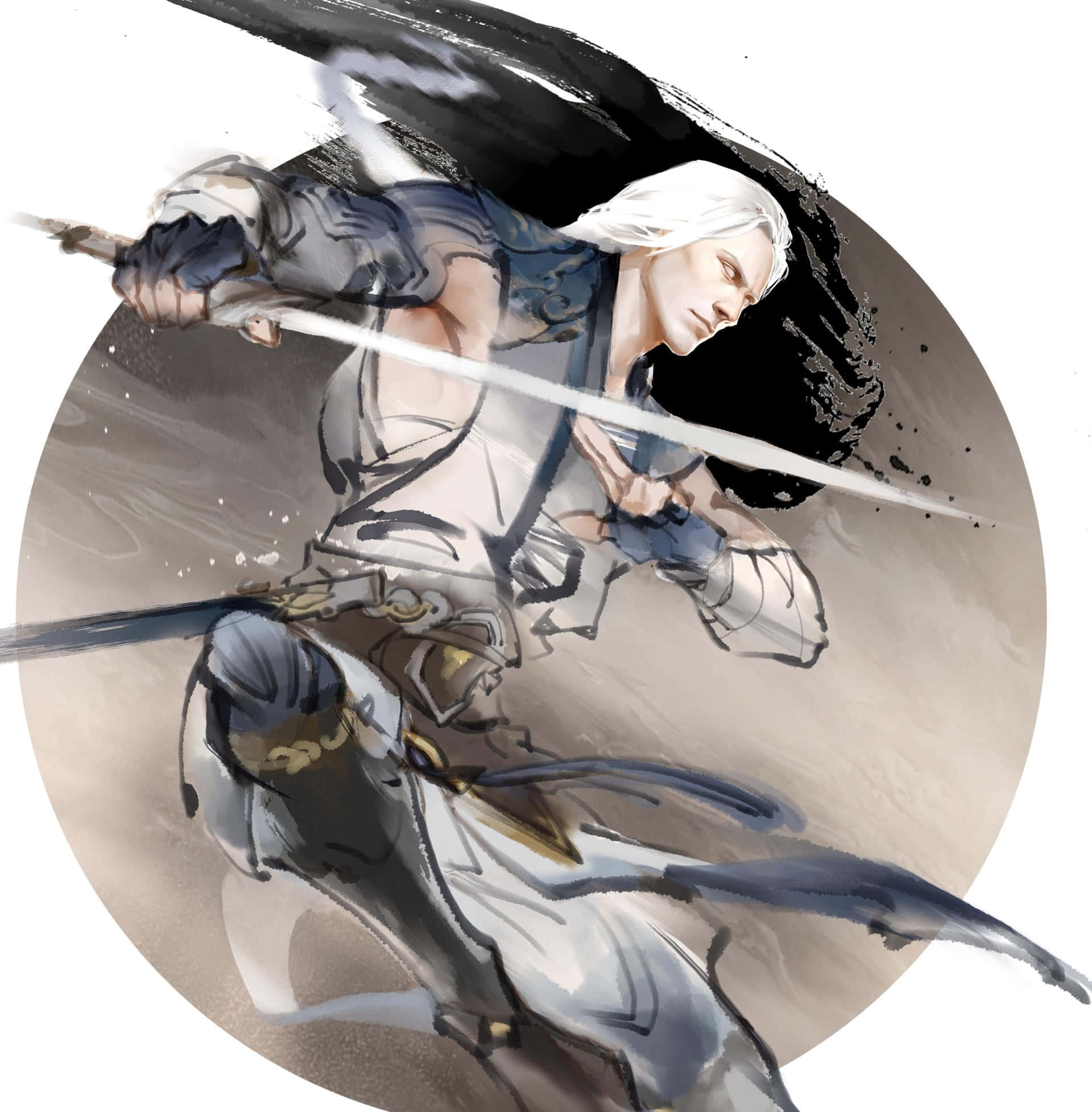 Mortal Kombat Fujin 桌布 壁紙 — 一位白髮戰士身穿飄逸鎧甲，在煙霧繚繞的圓形背景下揮舞著發光的劍。
