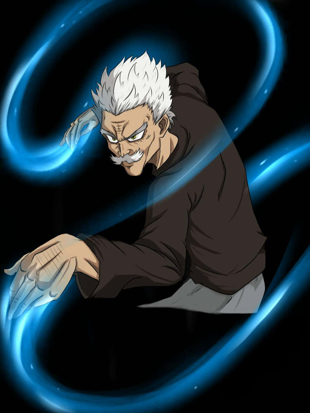 Silverfang 桌布 壁紙 — 一位白髮留鬍鬚的動漫男子在黑暗虛空中引導發光的藍色能量。