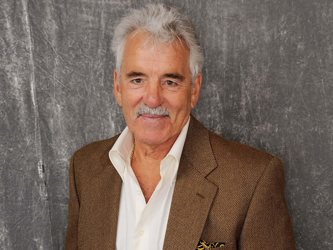 Dennis Farina 桌布 壁紙 — 一位白髮留鬚的尊貴長者，身穿棕色紋理西裝外套，在灰色背景下溫暖微笑。