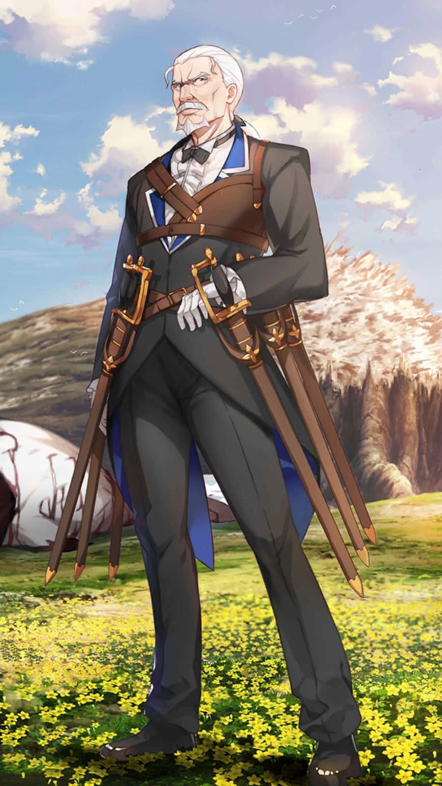 Wilhelm Van Astrea 桌布 壁紙 — 一位白髮白鬍鬚的老年男子站在黃花田中，身穿深色西裝，腰間繫著多把劍，外罩藍色外套。