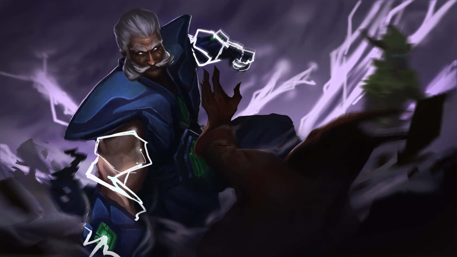 Dota 2 Zeus 桌布 壁紙 — 一位白髮白鬚的滄桑戰士在風暴肆虐的紫色戰場上揮舞著發光的閃電。
