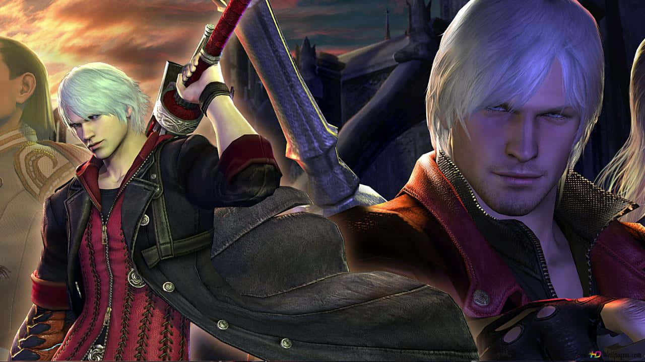 Devil May Cry Characters 桌布 壁紙 — 一位白髮紅衣的戲劇性動漫風格戰士，在熾熱的夕陽背景下揮舞著一把大劍。