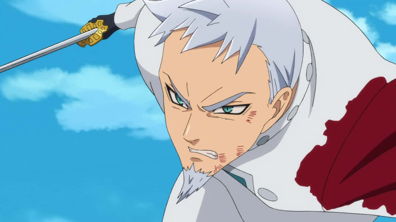 Seven Deadly Sins Hendrickson 桌布 壁紙 — 一位白髮綠眼的動漫戰士，帶著憤怒的表情，在明亮的藍天下握緊劍。