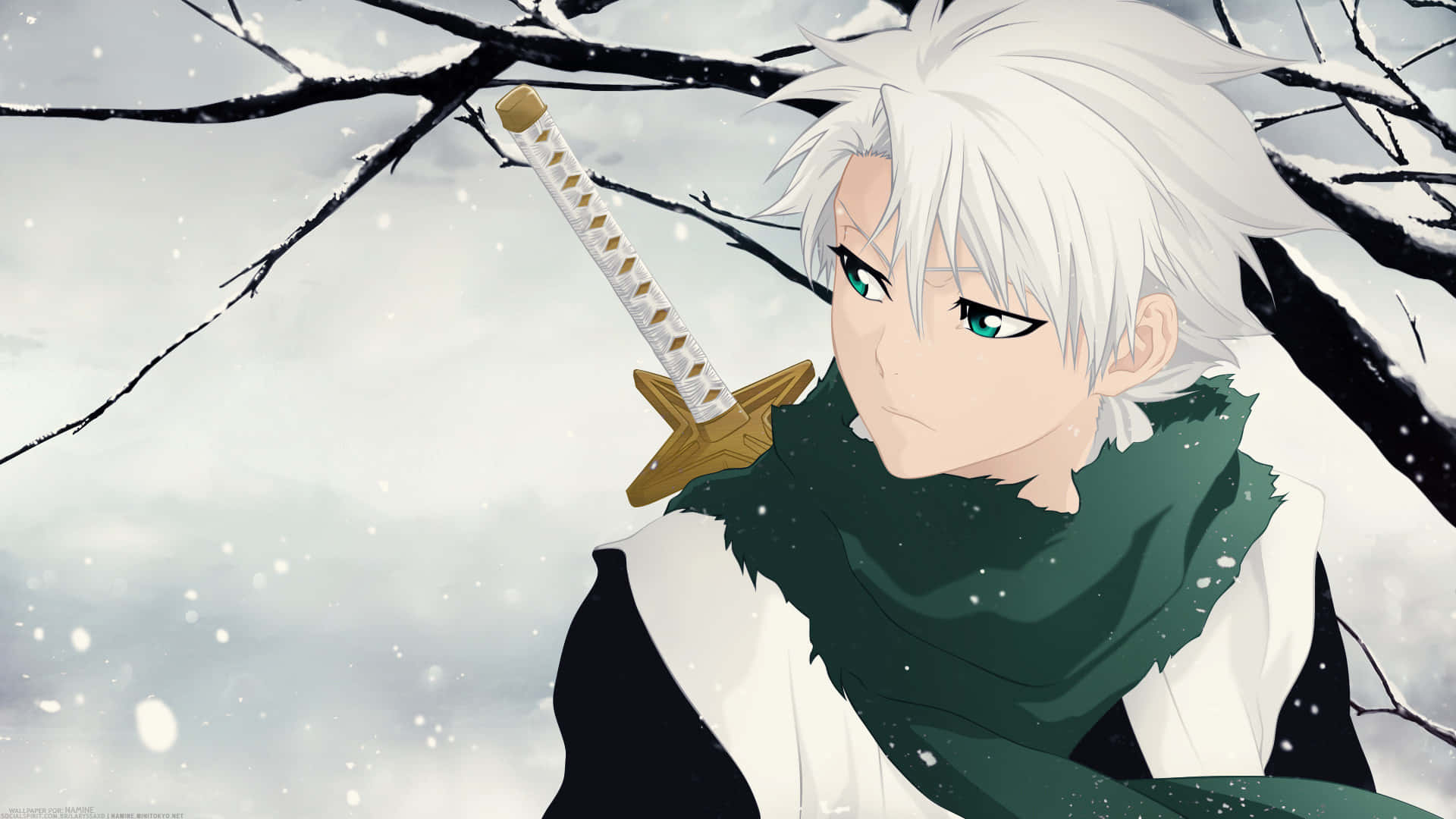 Toshiro Hitsugaya 桌布 壁紙 — 一位白髮綠眼的動漫戰士在飄雪中手持武士刀，背景是光禿的冬季樹枝。