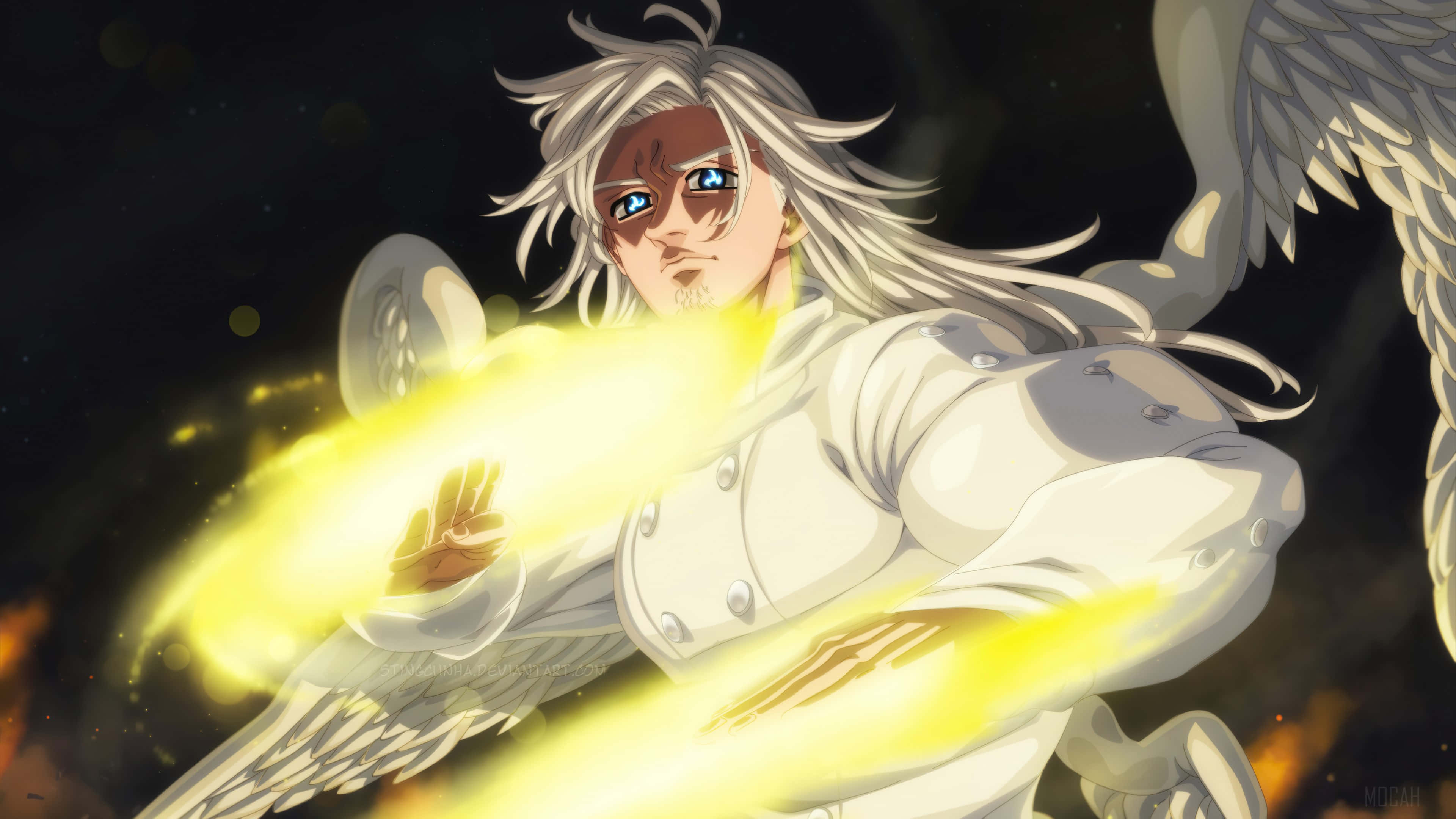 Seven Deadly Sins Mael 桌布 壁紙 — 一位白髮翅膀的動漫天使在黑暗的宇宙場景中引導發光的黃色能量。