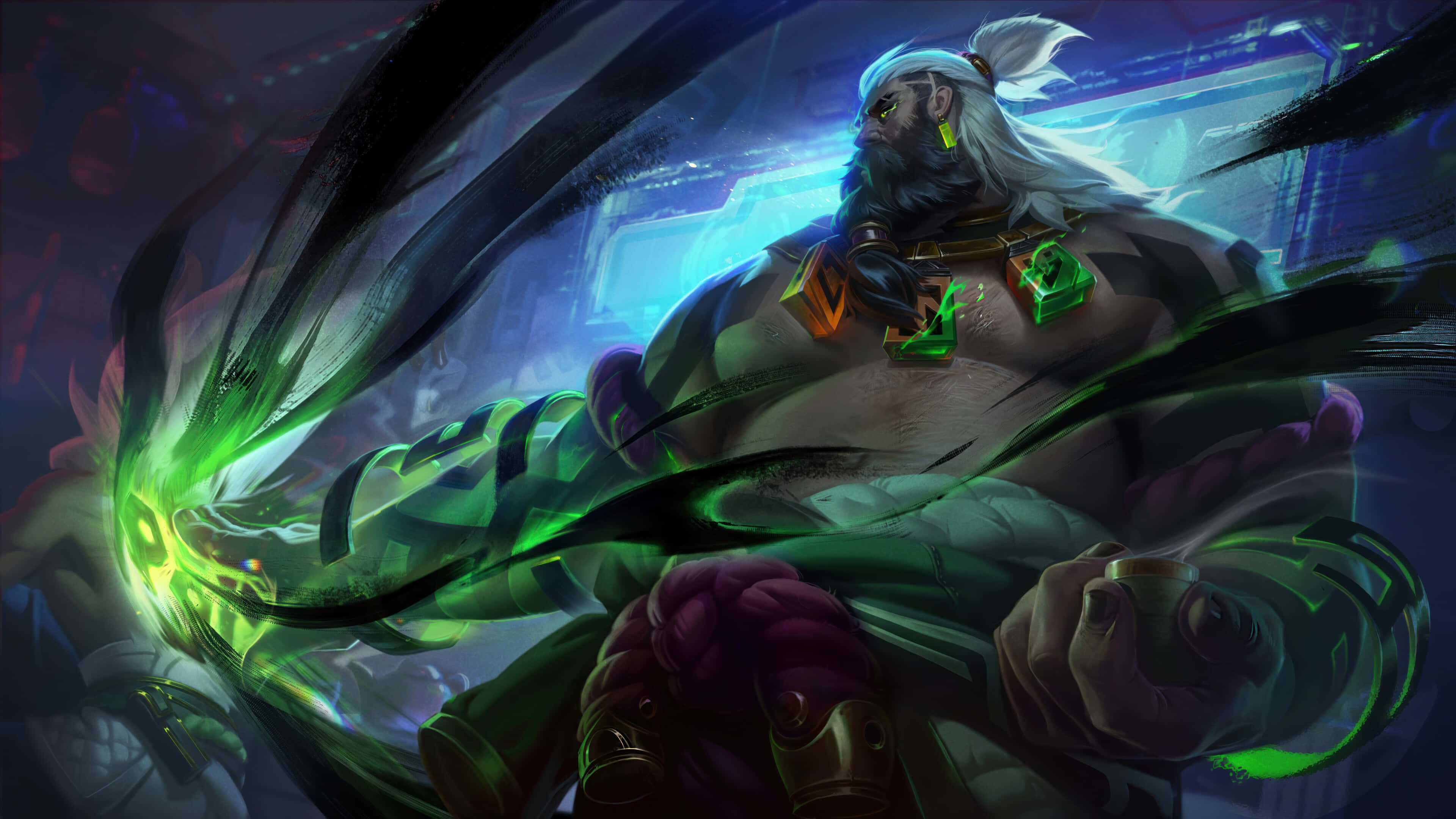 League Of Legends Champions 桌布 壁紙 — 一位白髮肌肉發達的奇幻戰士在黑暗的未來城市景觀中揮舞著發光的綠色能量武器。