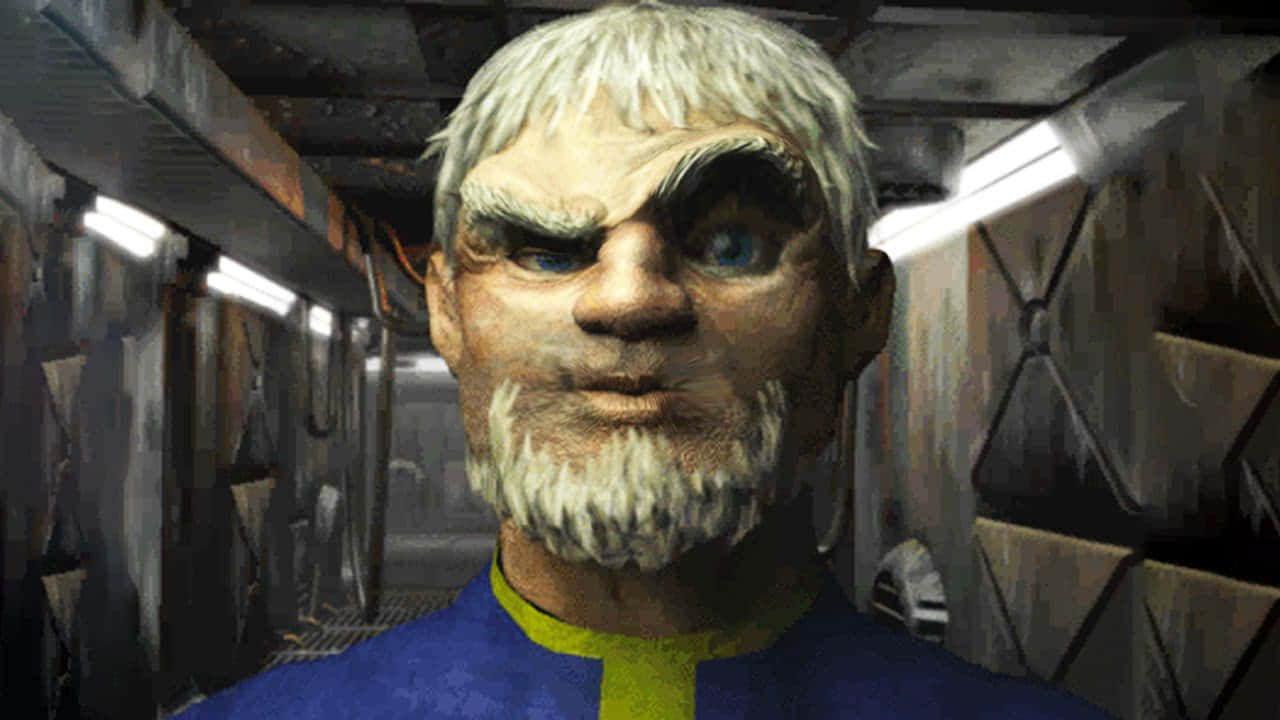 Fallout Characters 桌布 壁紙 — 一位白髮蒼蒼、表情嚴厲的男子站在光線昏暗的工業金屬走廊中。