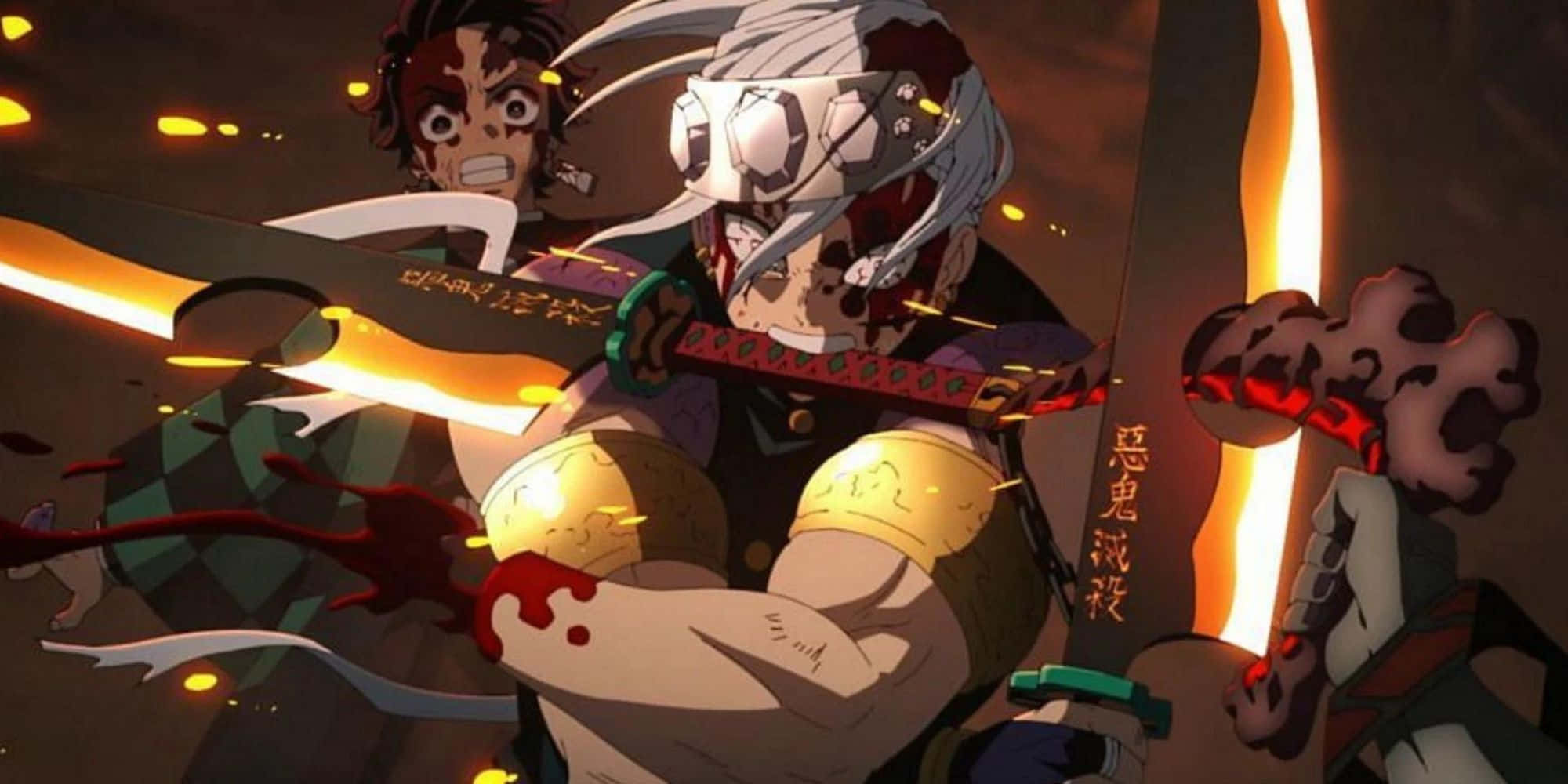 Demon Slayer Characters 桌布 壁紙 — 一位白髮血臉的兇猛動漫戰士，在動態戰鬥場景中揮舞著發光的劍。
