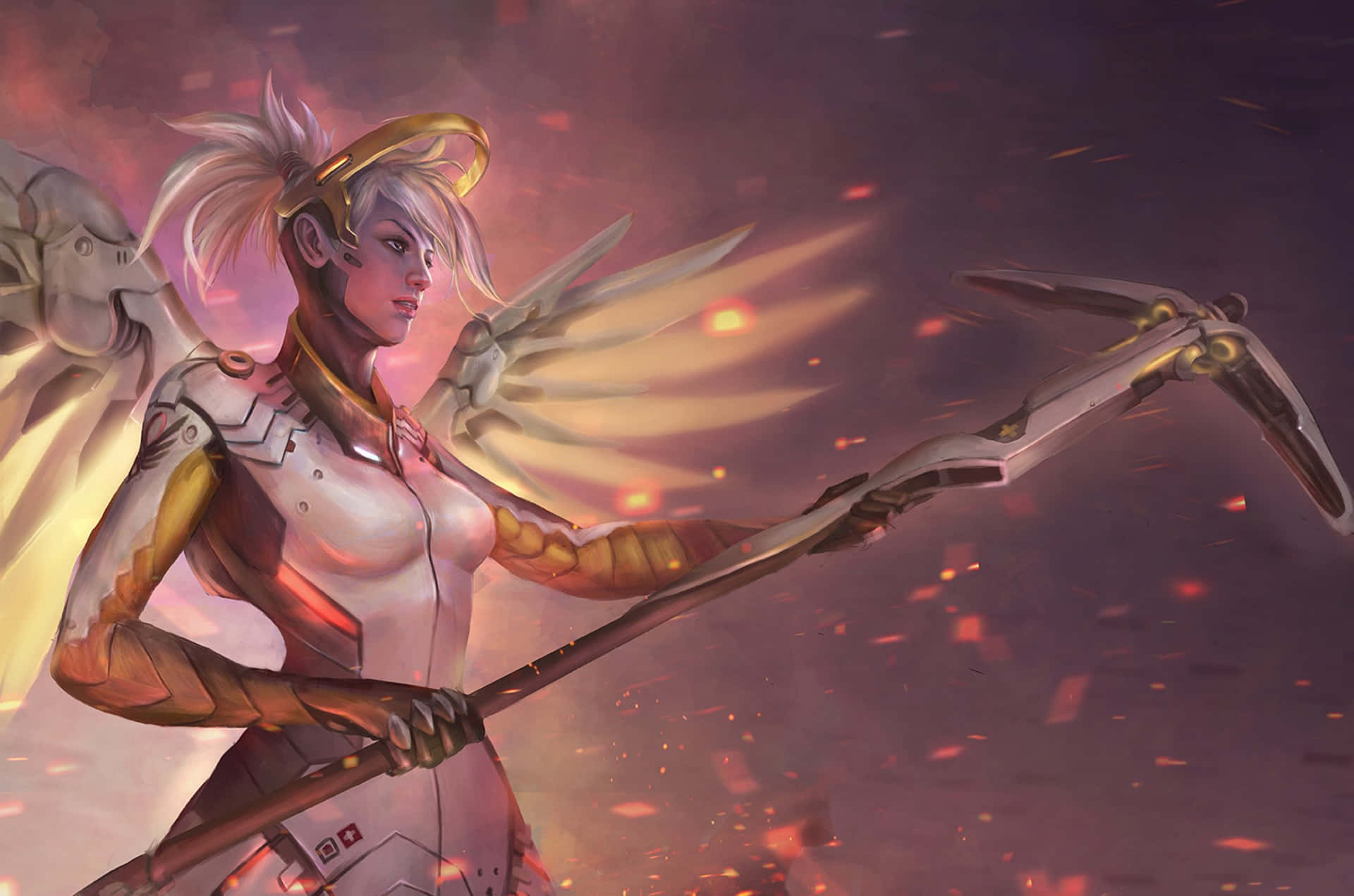 Overwatch Mercy 桌布 壁紙 — 一位白髮金環的戰士天使，在暗紫色天空下，於熾熱餘燼中揮舞著發光的長矛。