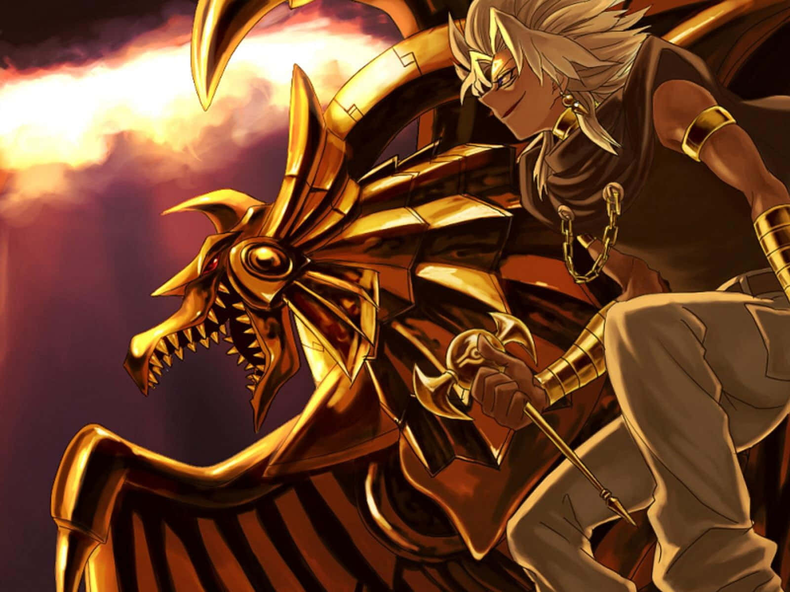 Marik Ishtar 桌布 壁紙 — 一位白髮金甲戰士騎著兇猛的金龍，背景是熾熱的夕陽天空。
