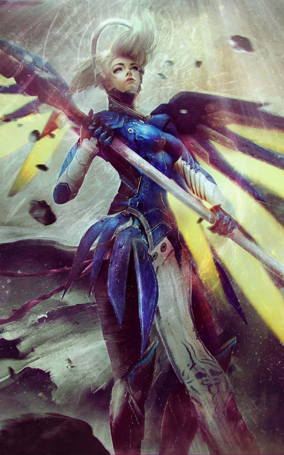 Overwatch Mercy 桌布 壁紙 — 一位白髮黑翼的兇猛女戰士在暴風雨背景下揮舞著發光的劍。