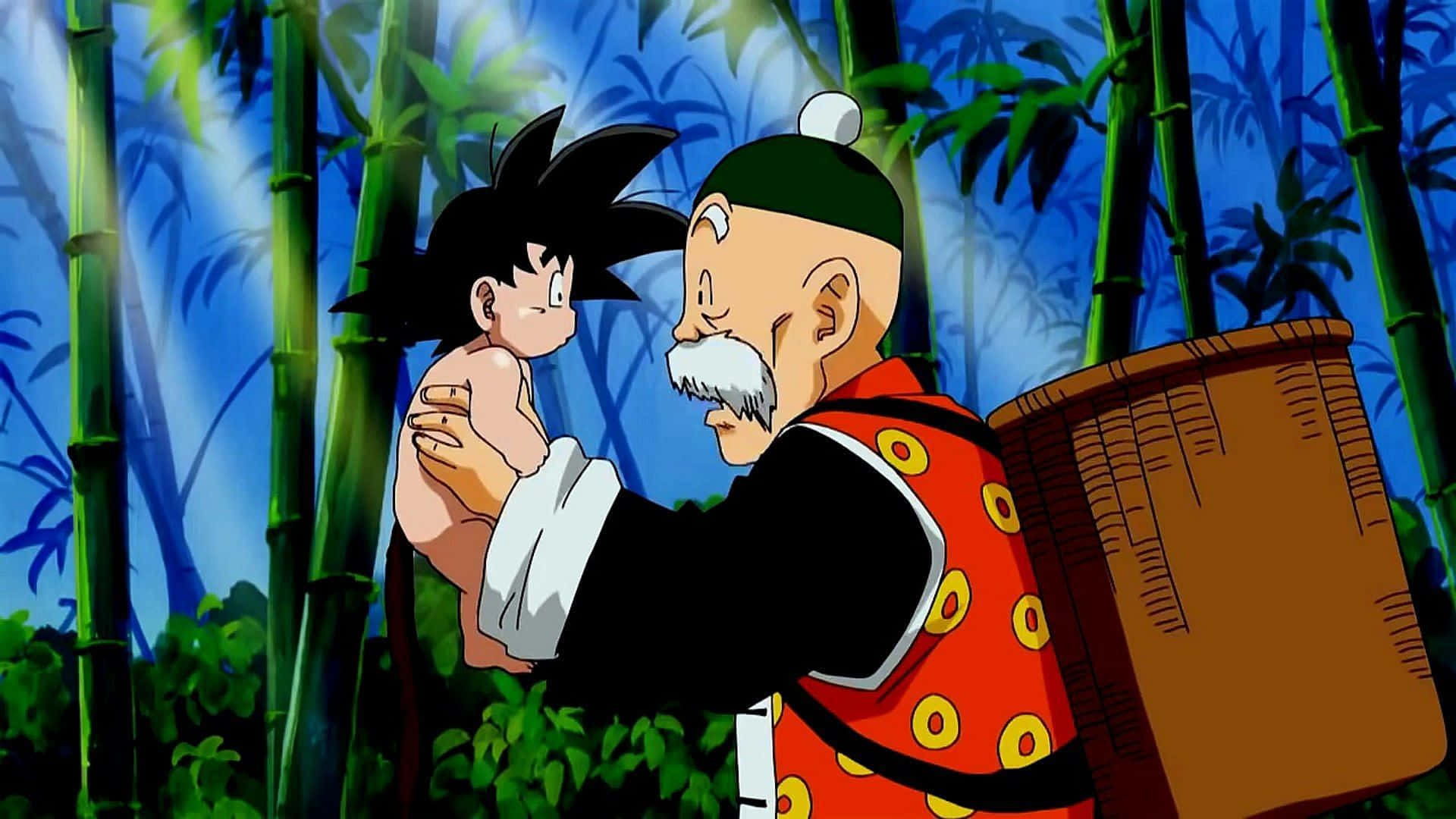 Grandpa Gohan 桌布 壁紙 — 一位白鬍子老人在明亮的藍天下，在竹林裡抱著一個嬰兒。