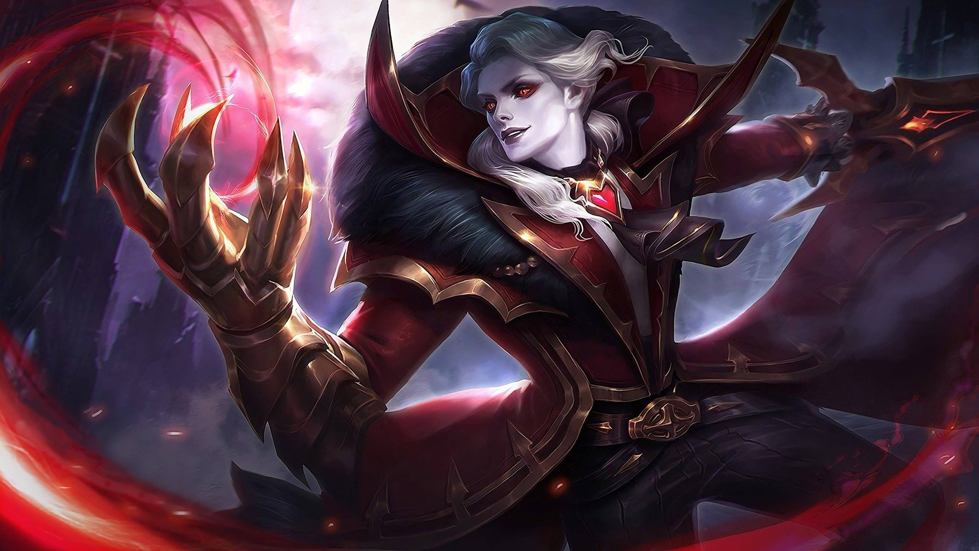 Mobile Legends 桌布 壁紙 — 一位皮膚蒼白、紅眼的黑暗奇幻戰士，在暴風雨背景下穿著華麗盔甲引導深紅能量。