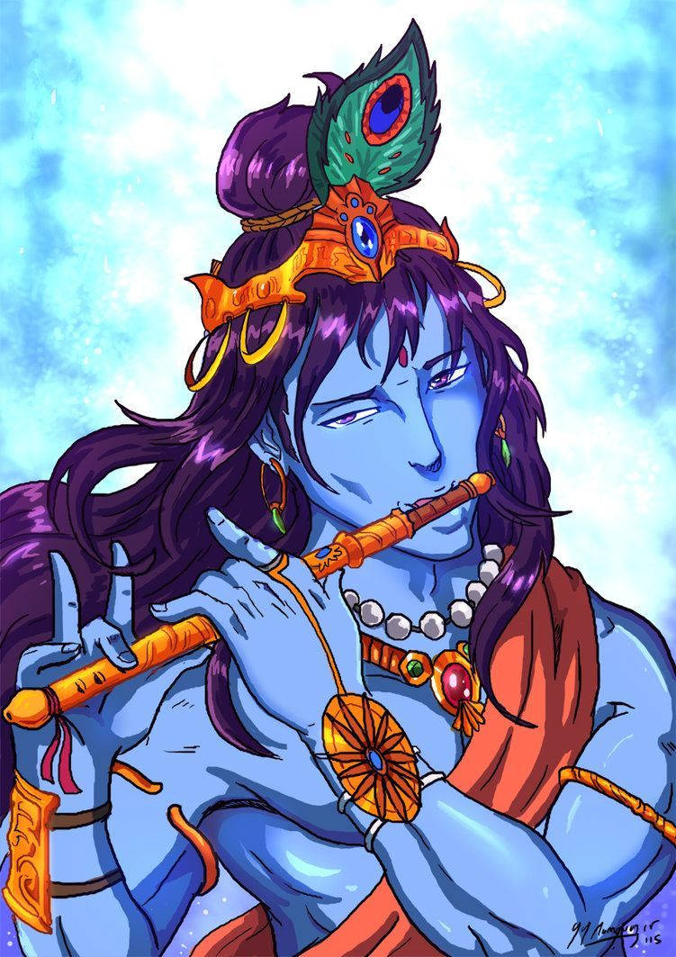 Lord Shiva 桌布 壁紙 — 一位皮膚藍色、紫色頭髮、戴著孔雀羽毛冠冕的寧靜神祇，在發光的藍天下吹奏長笛。