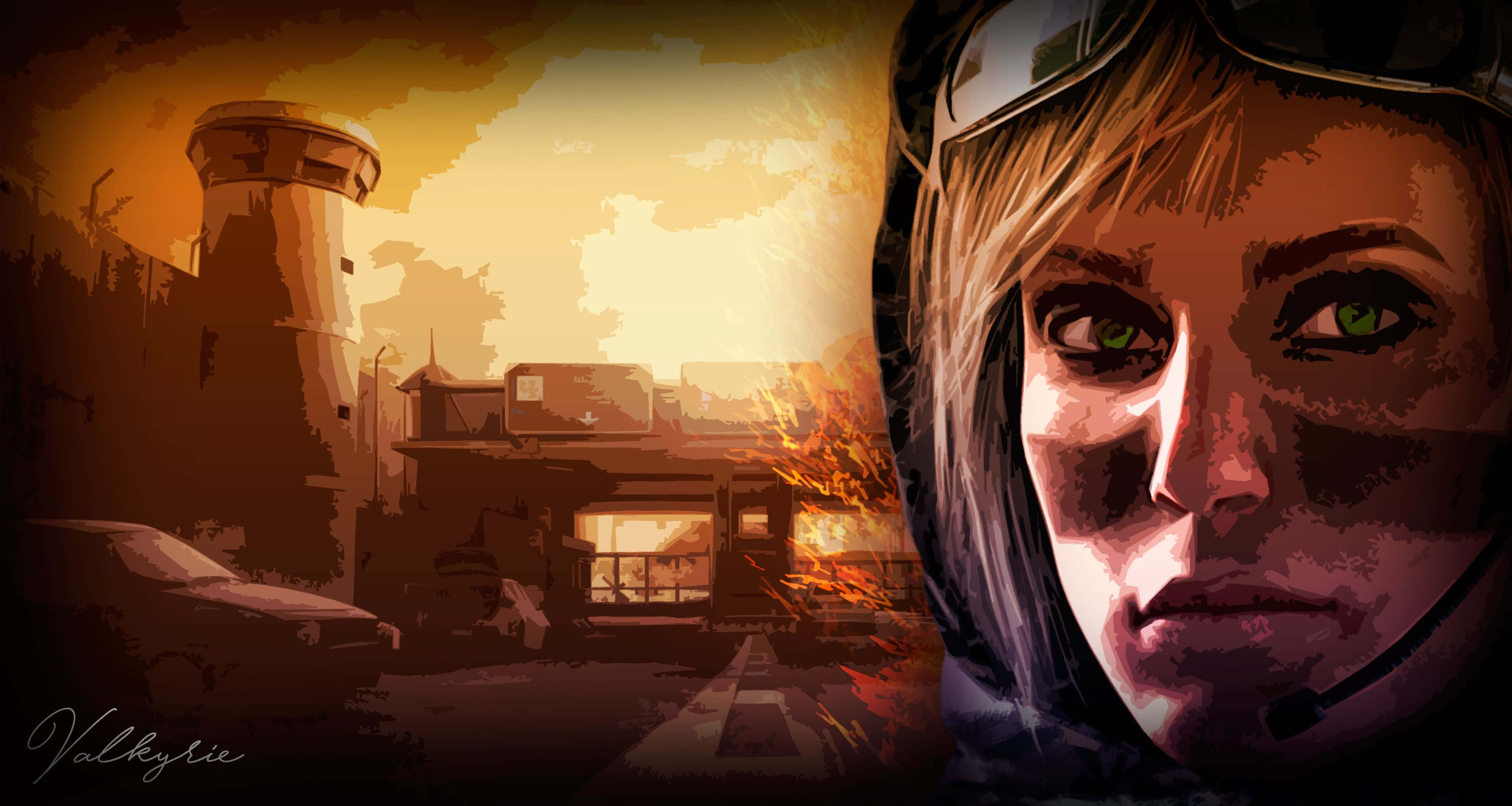 Rainbow Six Siege Valkyrie 桌布 壁紙 — 一位目光堅定的飛行員，擁有綠色眼睛和護目鏡，在廢墟城市景觀上方的熾熱日落中凝視。