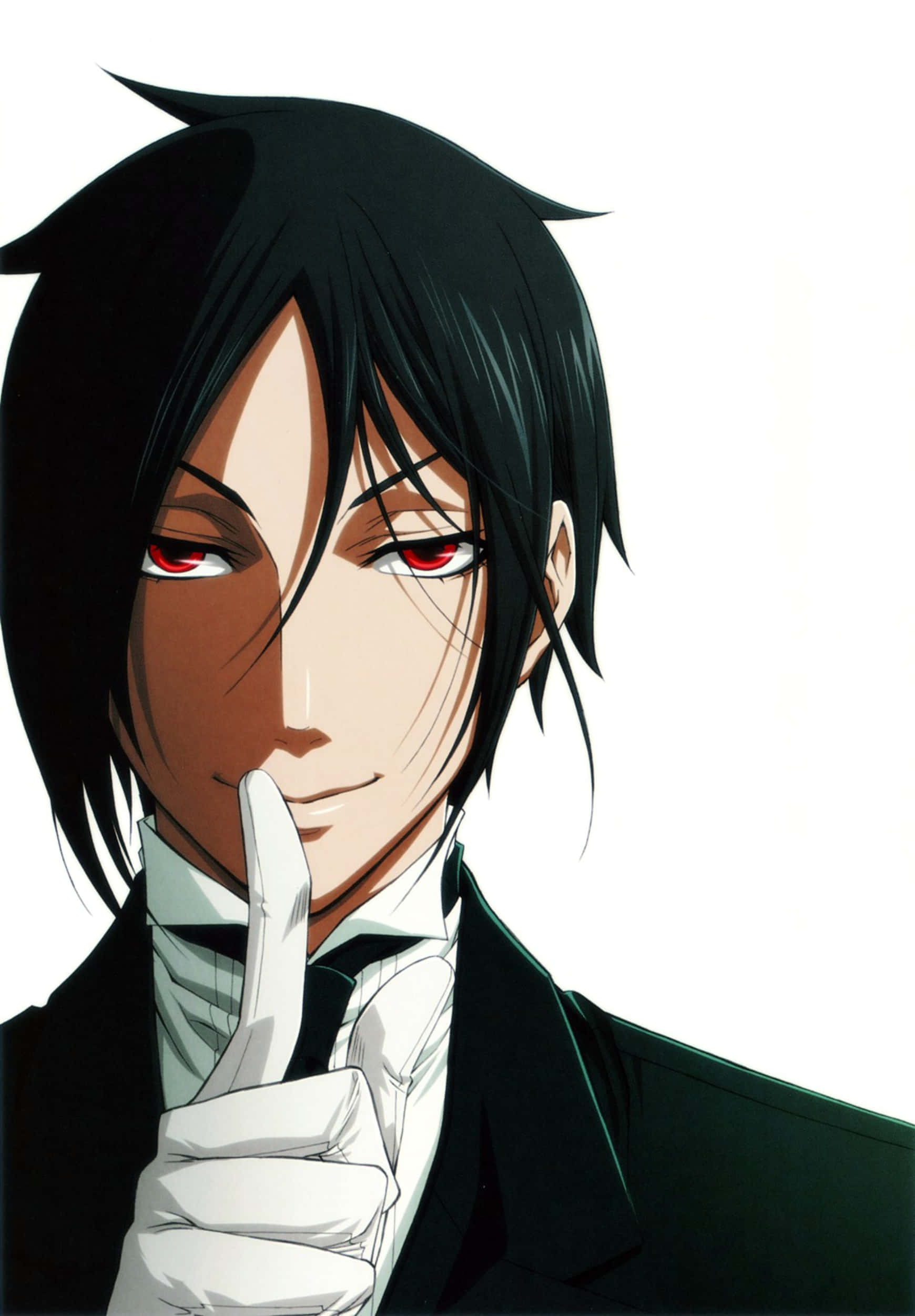 sebastian michaelis 桌布 壁紙 — 一位目光銳利、黑髮紅眼的動漫男子，在純白背景前將手指放在唇邊做出安靜的手勢。